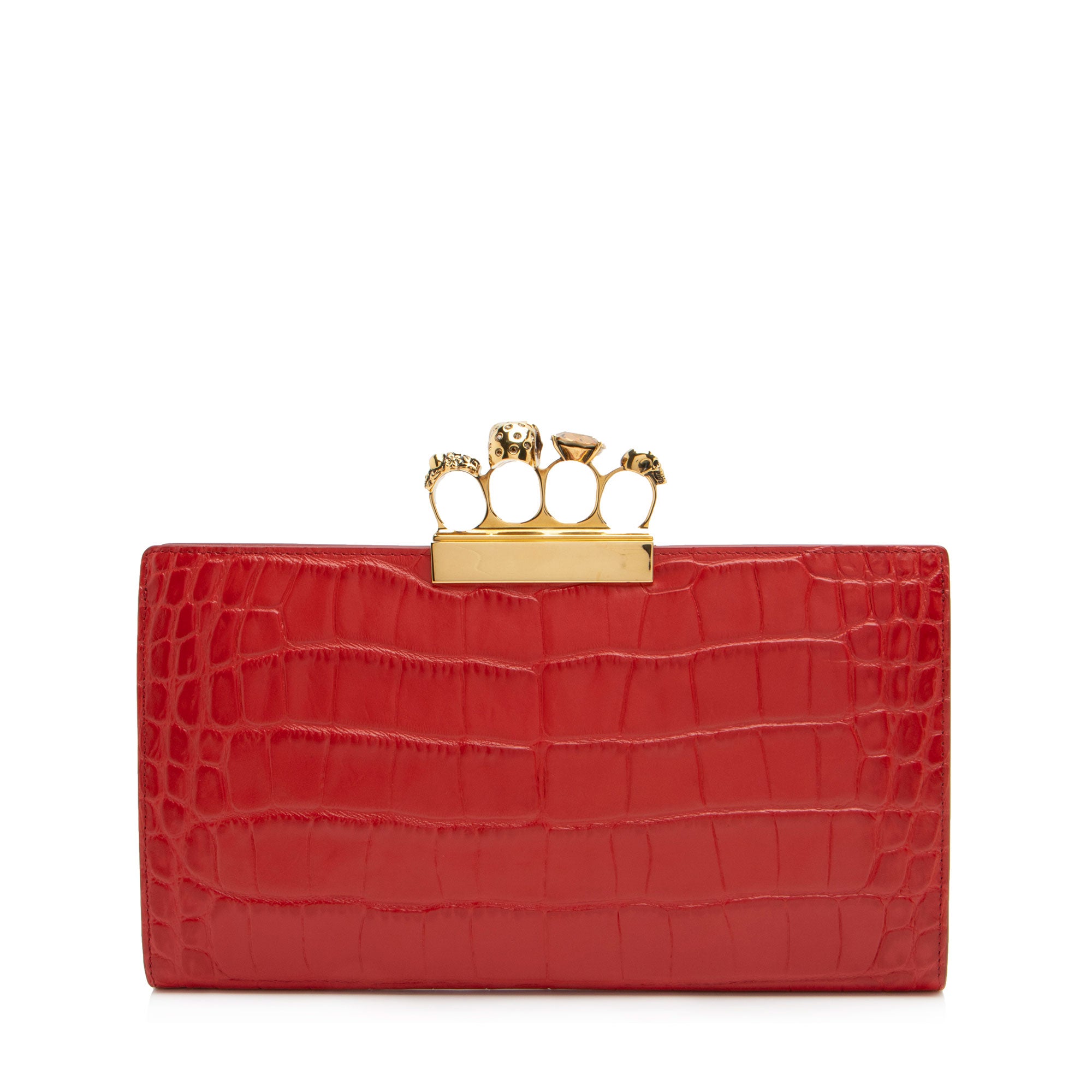 Alexander McQueen Croc Embossed Leather Skull Four-Ring Flat Clutch (SHF-av5Xyc)