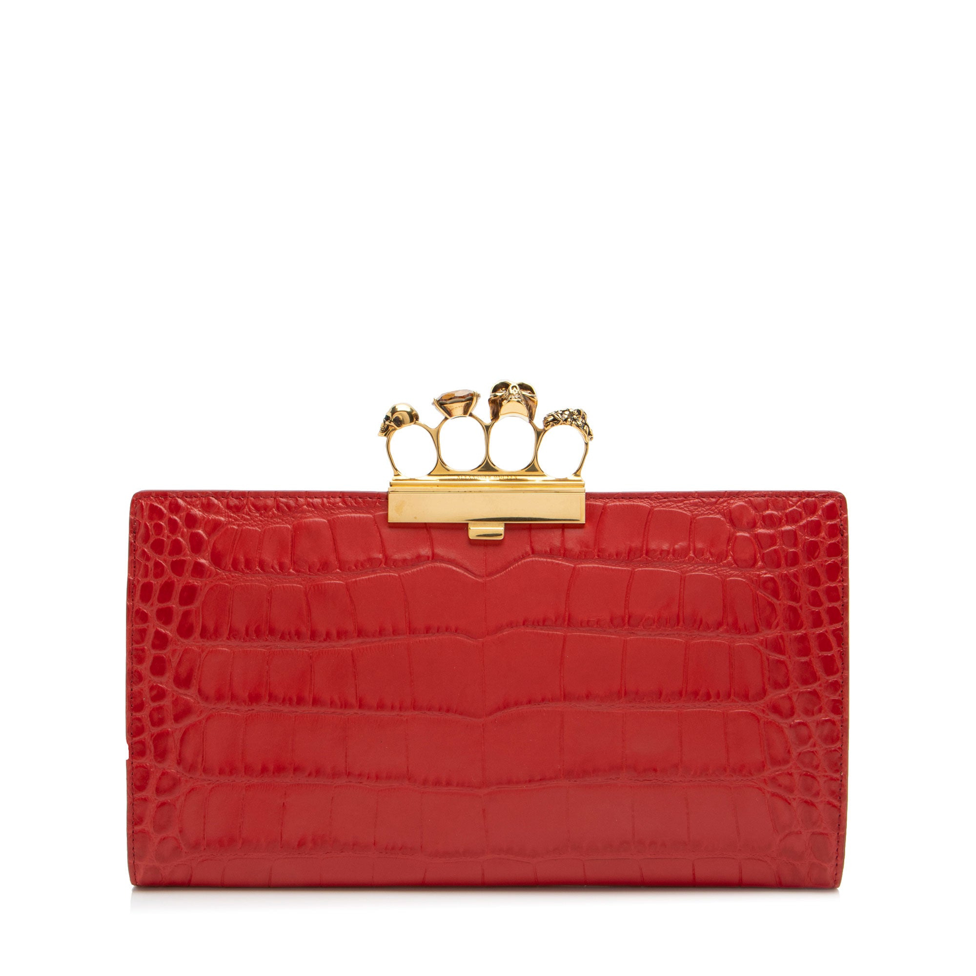 Alexander McQueen Croc Embossed Leather Skull Four-Ring Flat Clutch (SHF-av5Xyc)