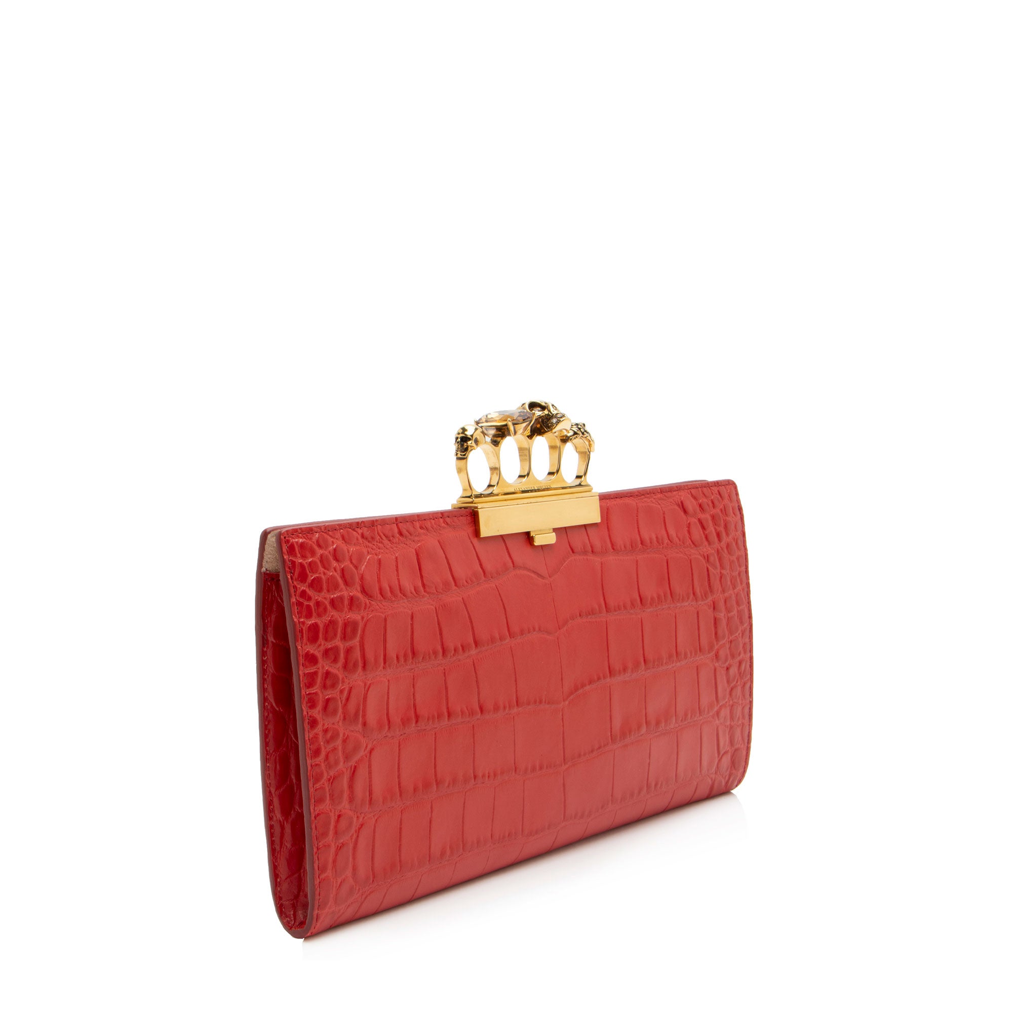 Alexander McQueen Croc Embossed Leather Skull Four-Ring Flat Clutch (SHF-av5Xyc)