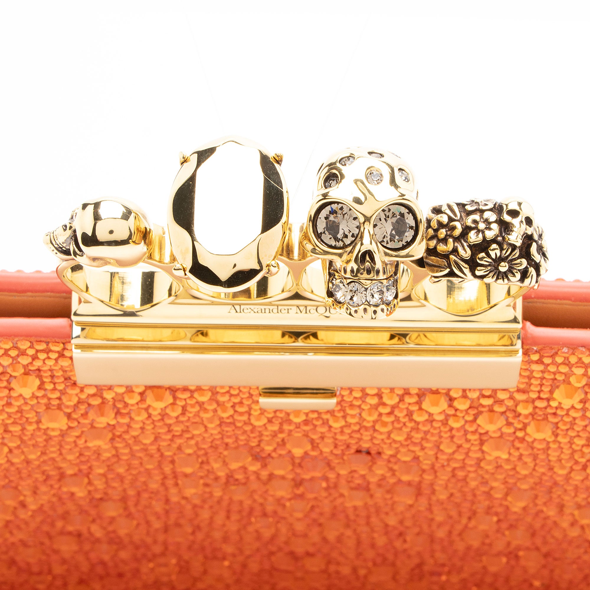 Alexander McQueen Satin Crystal Embellished Skull Four-Ring Flat Clutch