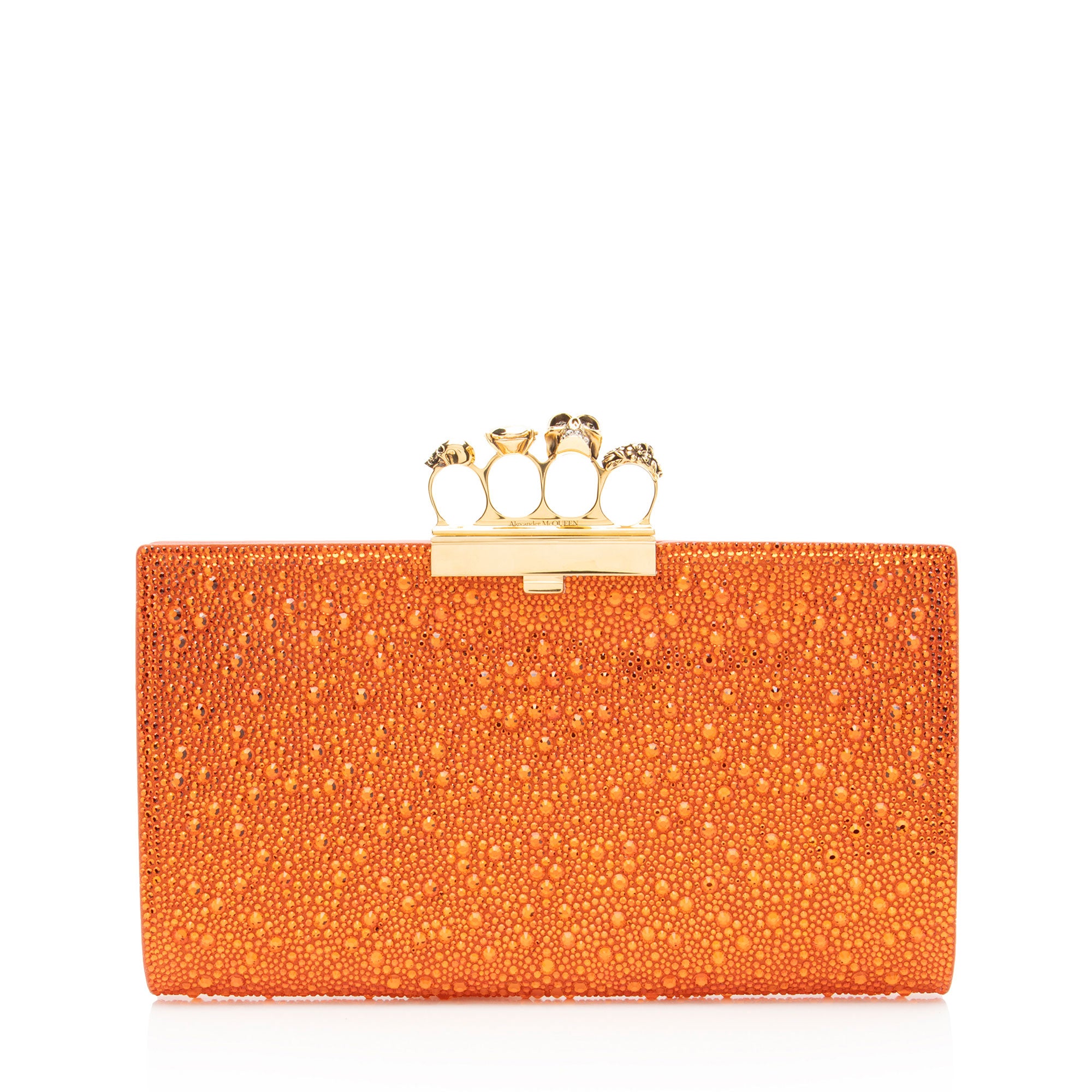 Alexander McQueen Satin Crystal Embellished Skull Four-Ring Flat Clutch