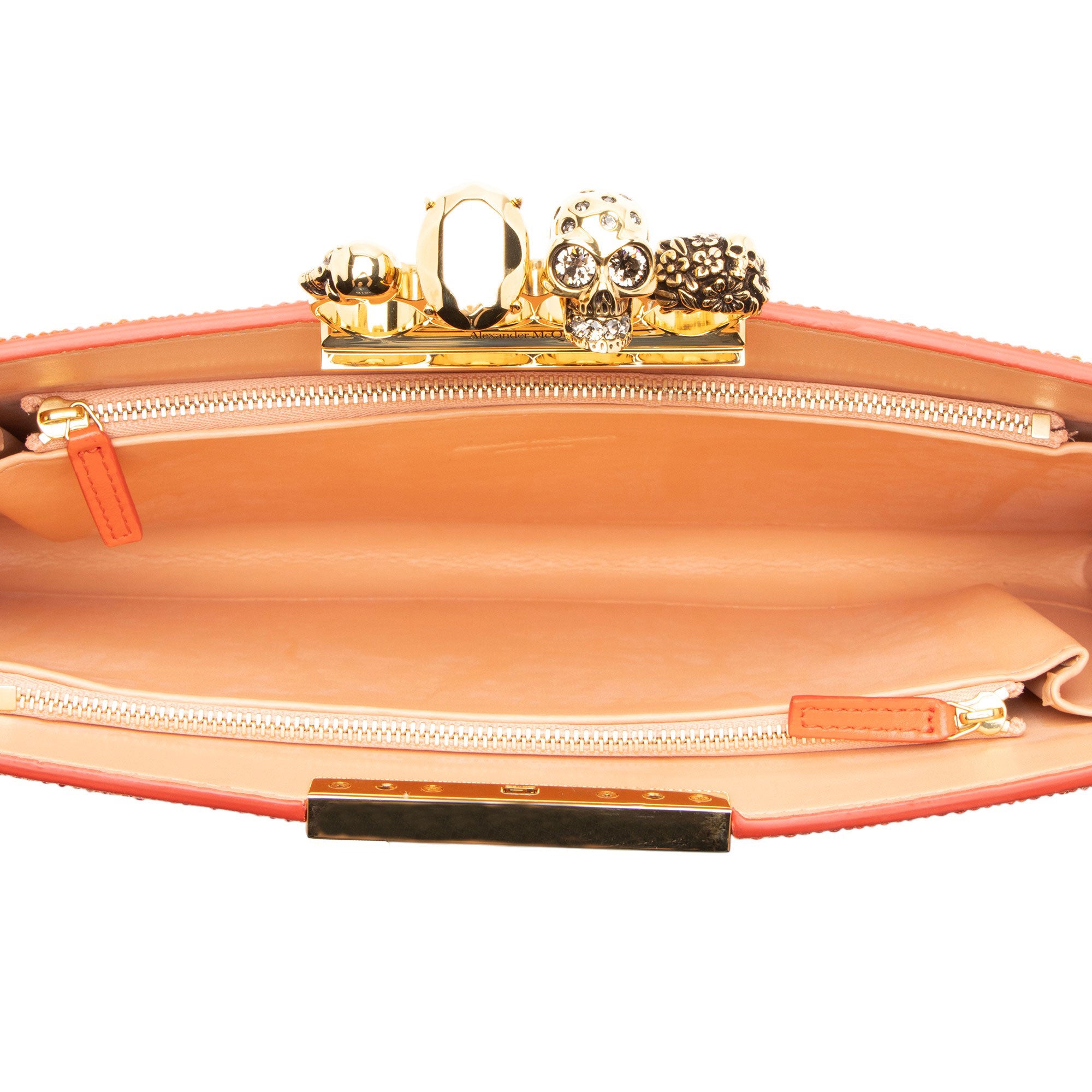 Alexander McQueen Satin Crystal Embellished Skull Four-Ring Flat Clutch