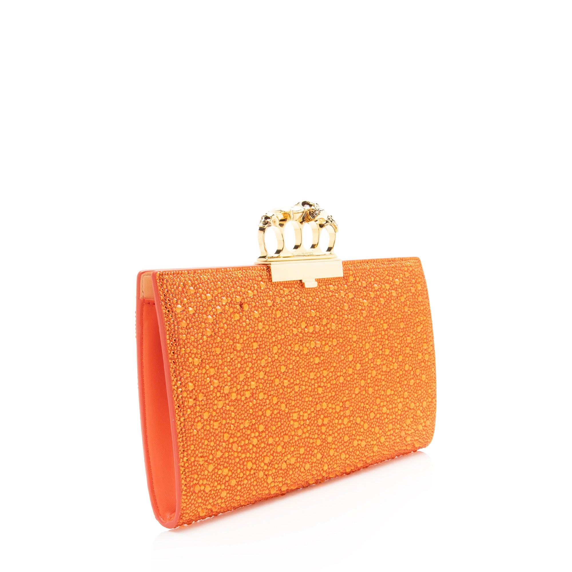 Alexander McQueen Satin Crystal Embellished Skull Four-Ring Flat Clutch