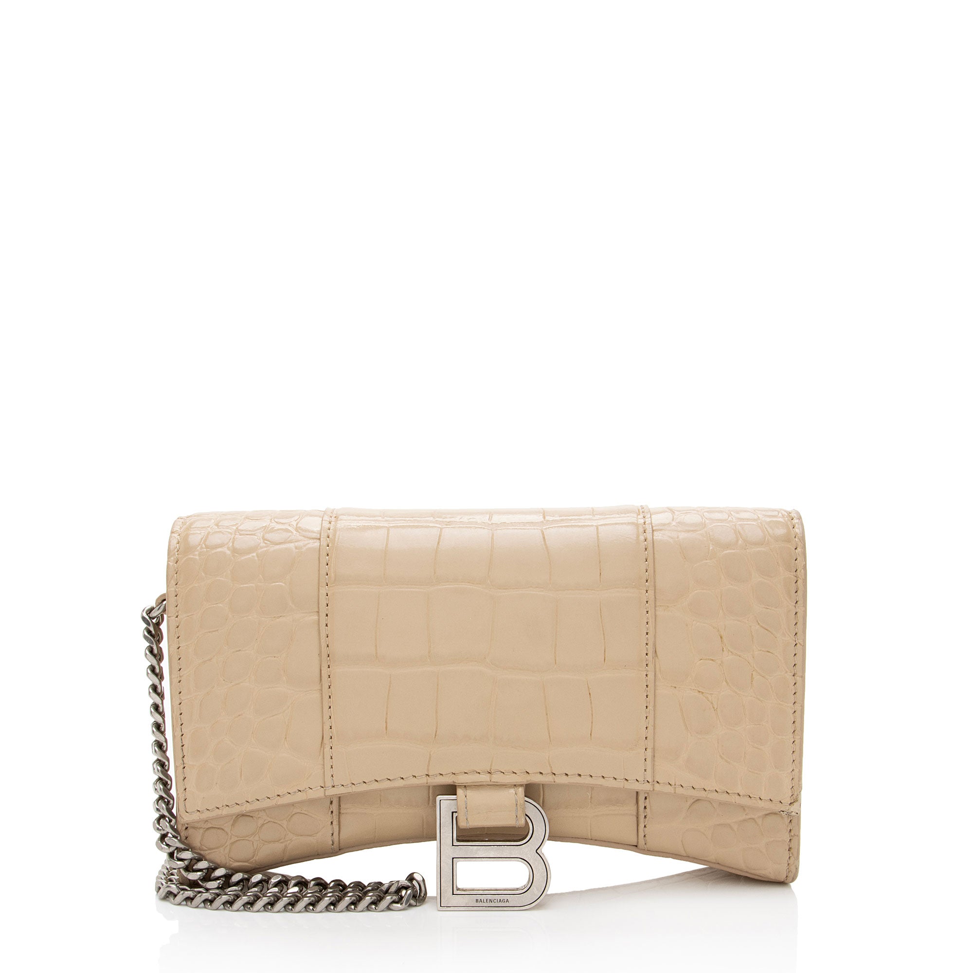 Balenciaga Shiny Croc Embossed Calfskin Hourglass Wallet on Chain