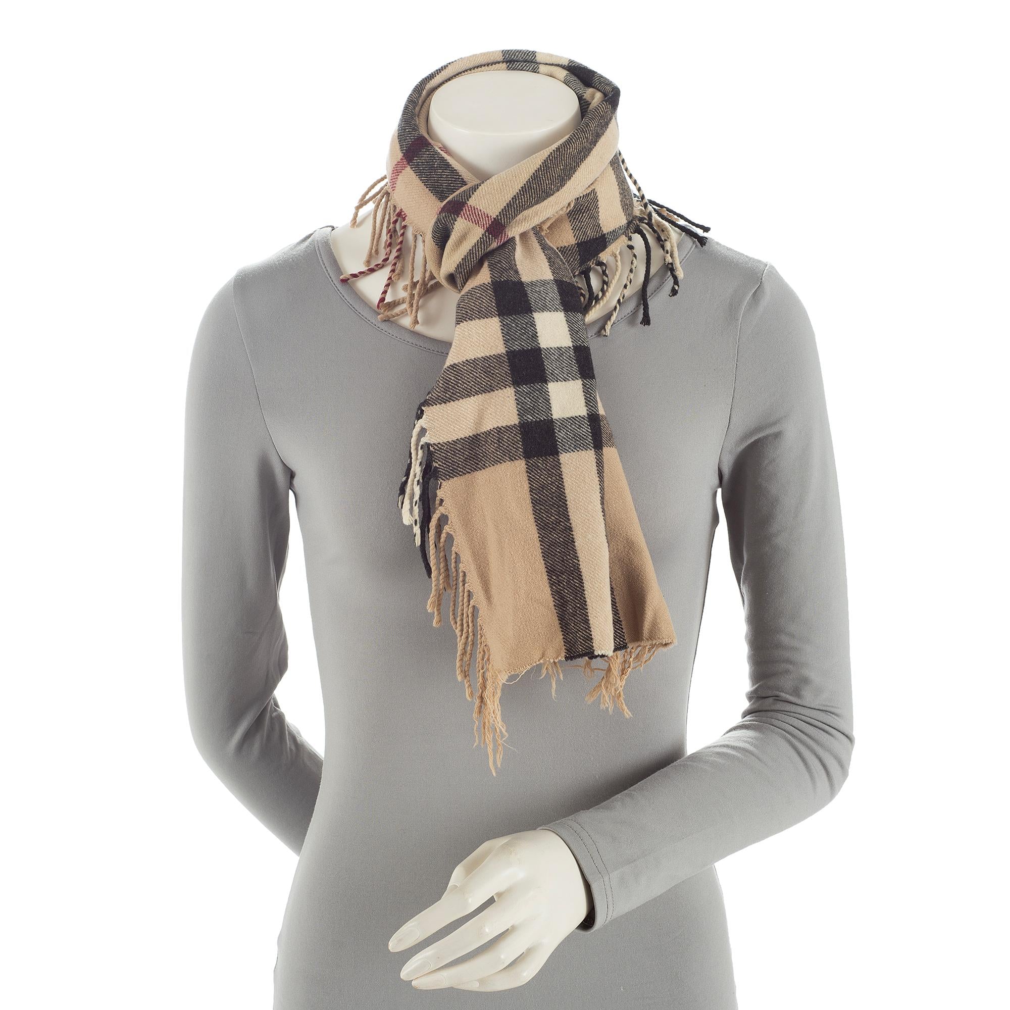 Burberry Classic Check Cashmere Happy Plaid Fringe Scarf (SHF-23005)
