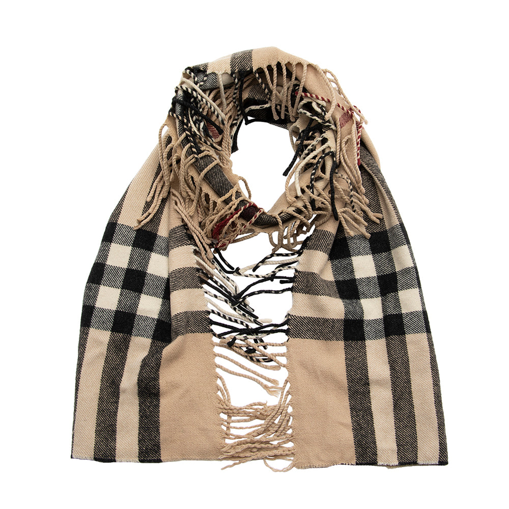 Burberry Classic Check Cashmere Happy Plaid Fringe Scarf (SHF-23005)