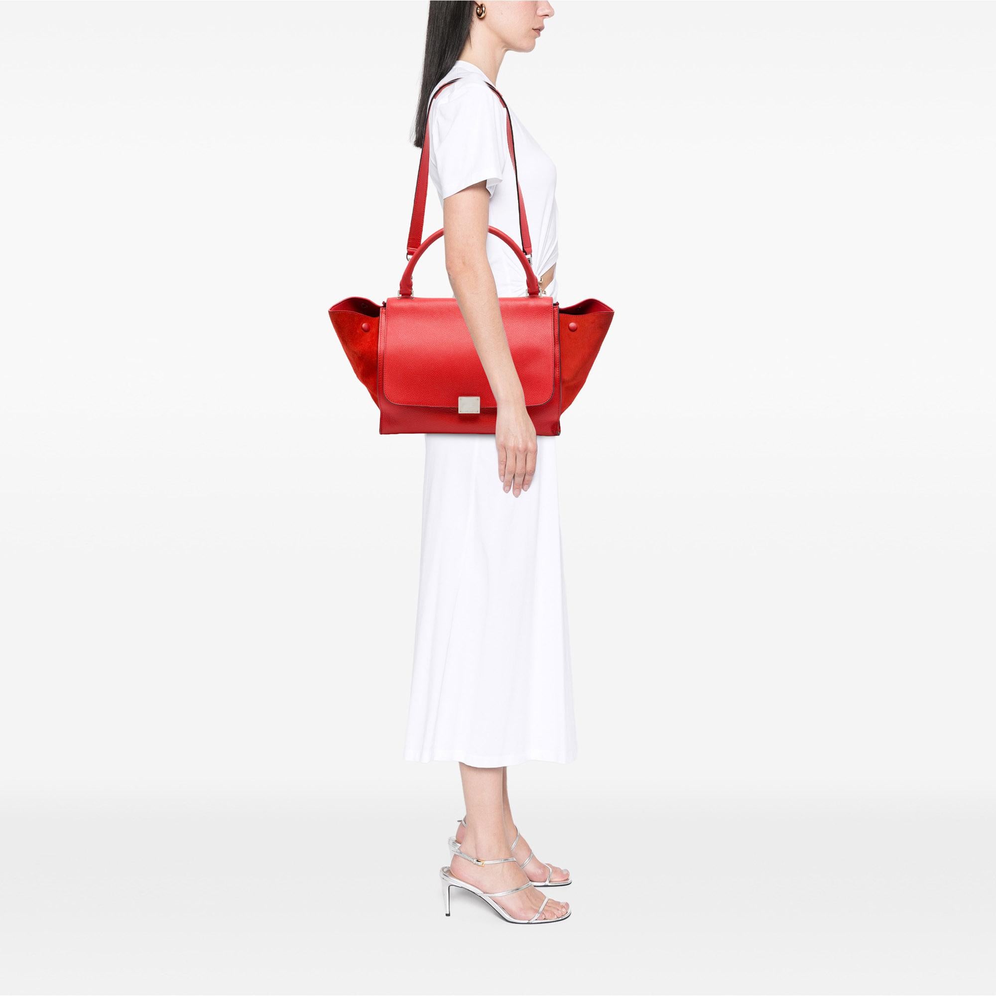 Celine Medium Drummed Calfskin and Suede Trapeze Satchel