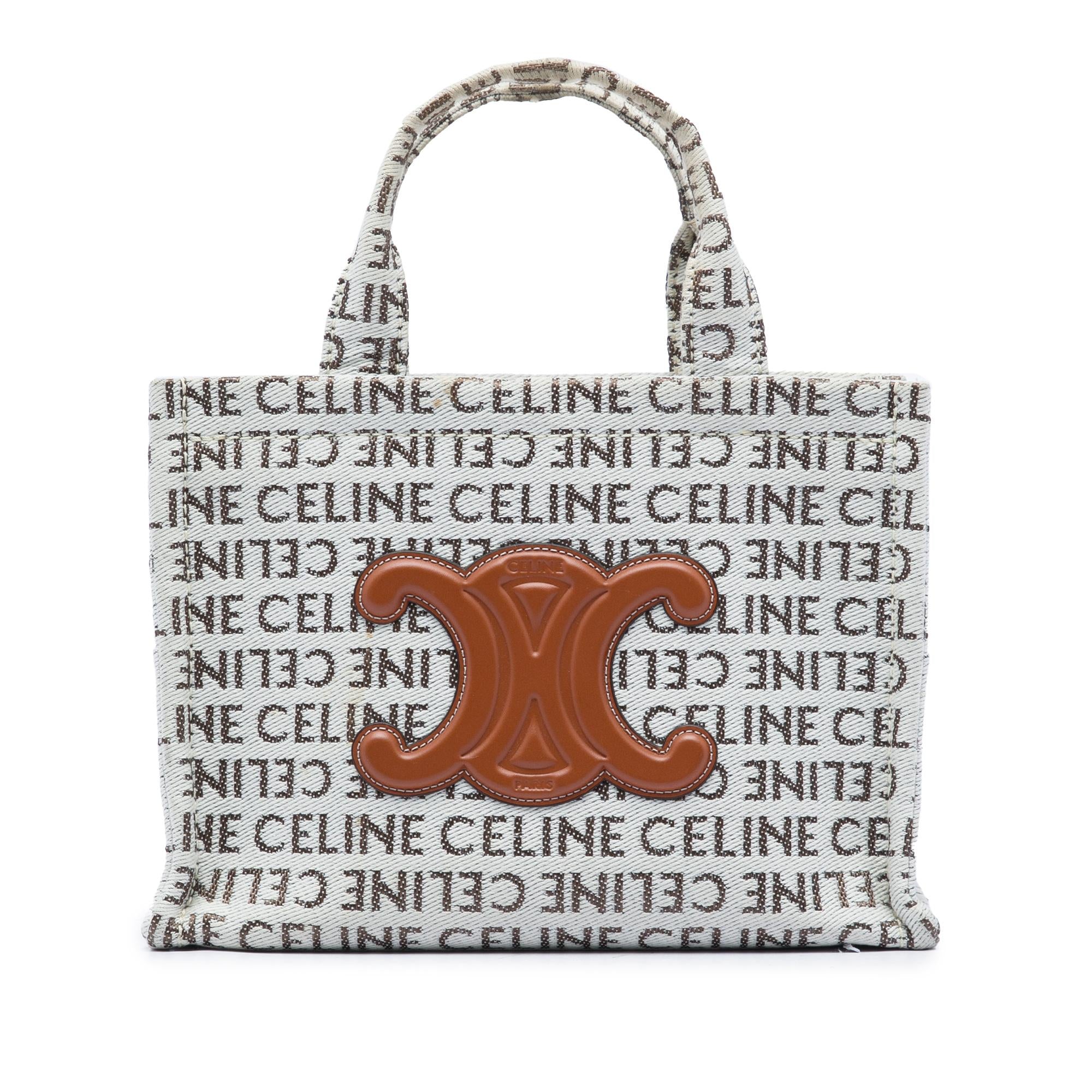 Celine Small All Over Logo Print Canvas Cuir Triomphe Cabas Thais Satchel