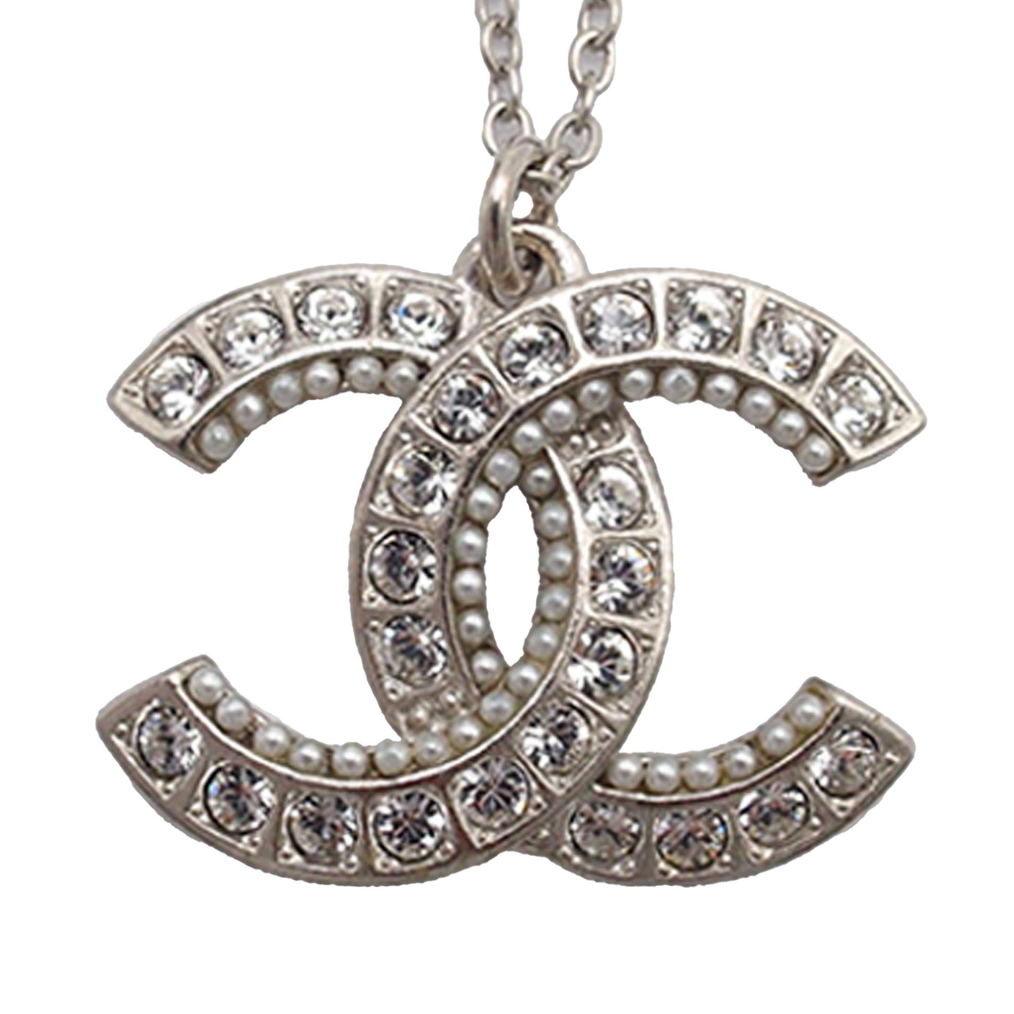 Chanel CC Brass Strass and Faux Pearl Pendant Necklace