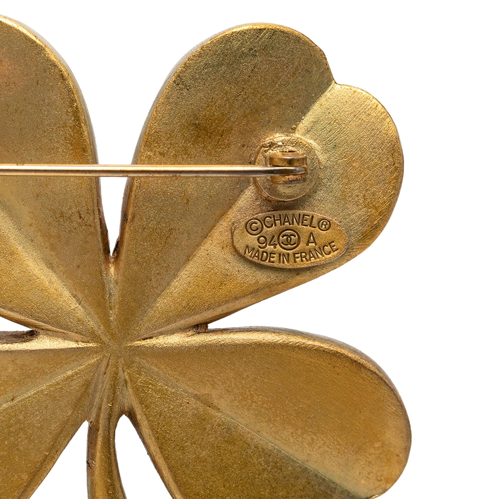 Chanel CC Gold Plated Clover Brooch