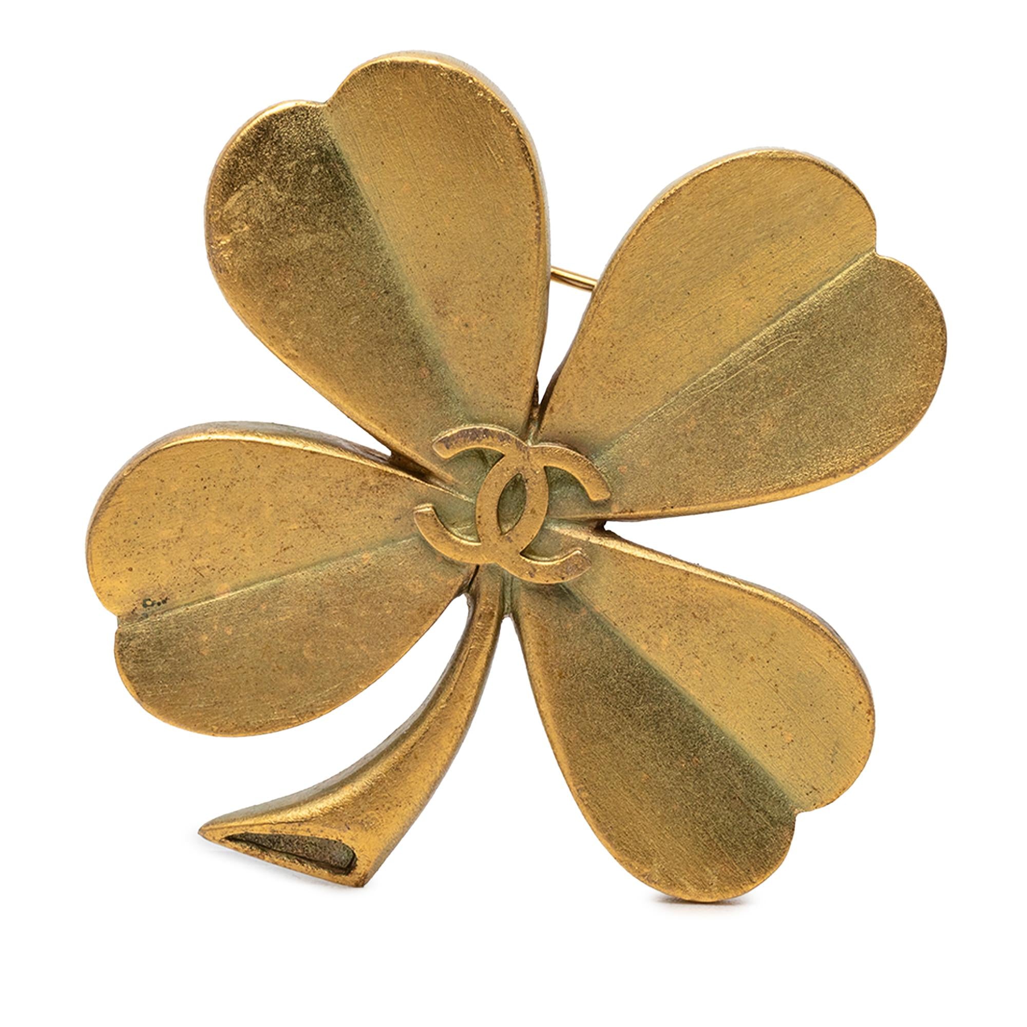Chanel CC Gold Plated Clover Brooch