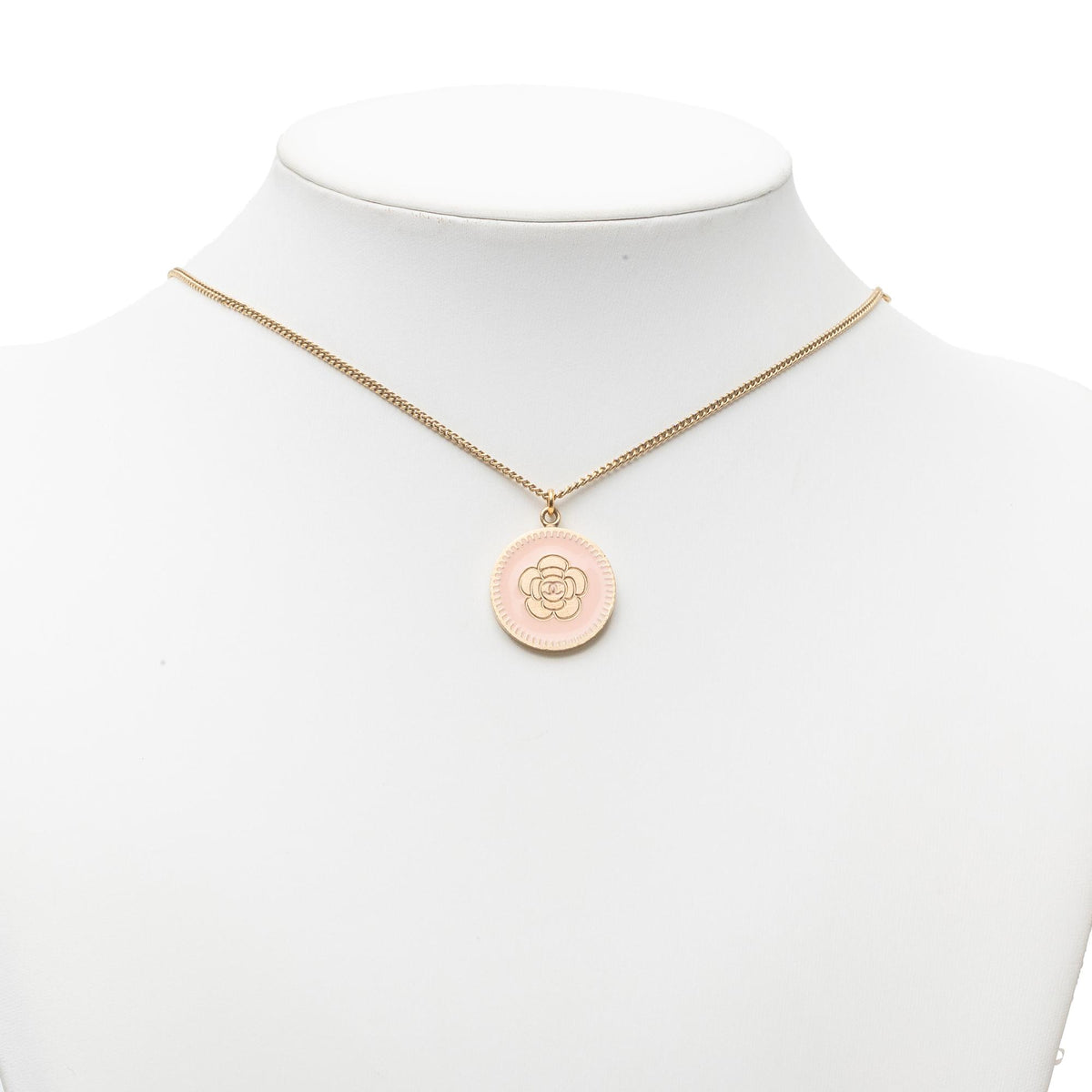 Chanel CC Gold Plated Enamel Camellia Round Pendant Necklace