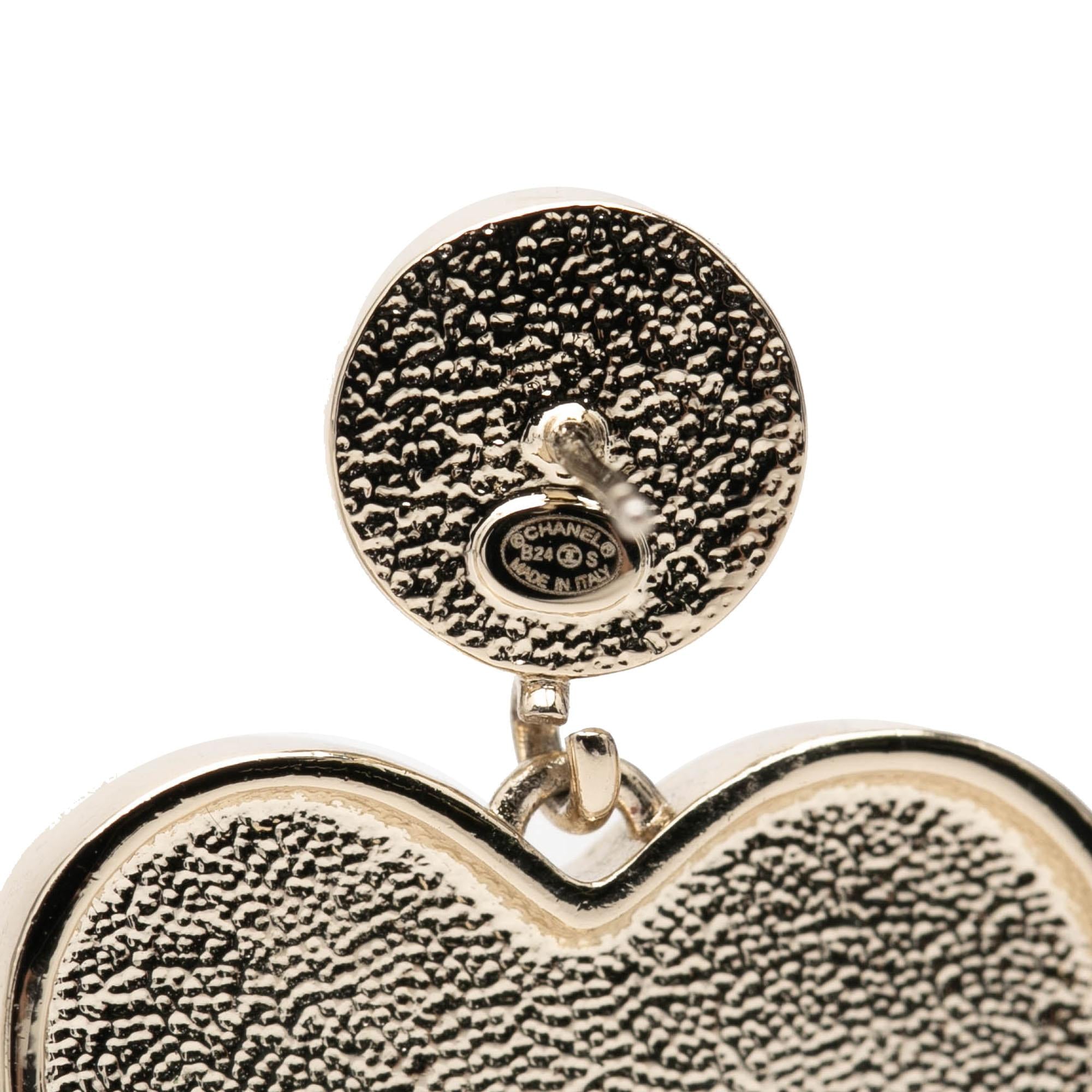 Chanel CC Gold Plated Faux Pearl Strass and Resin Heart Drop Push Back Earrings