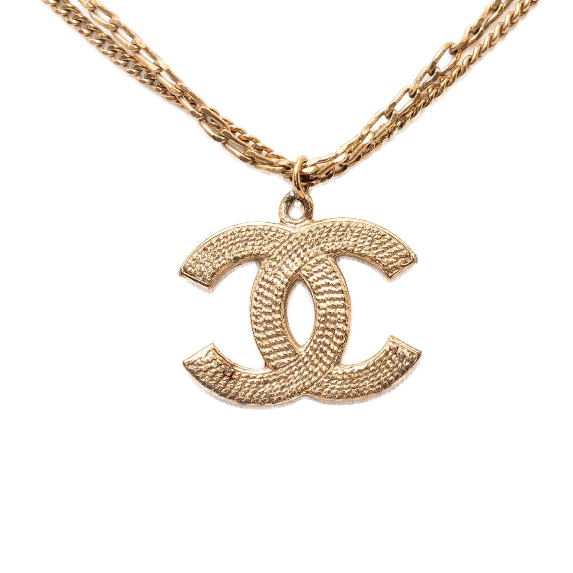 Chanel CC Gold Plated Textured Pendant Double Chain Necklace