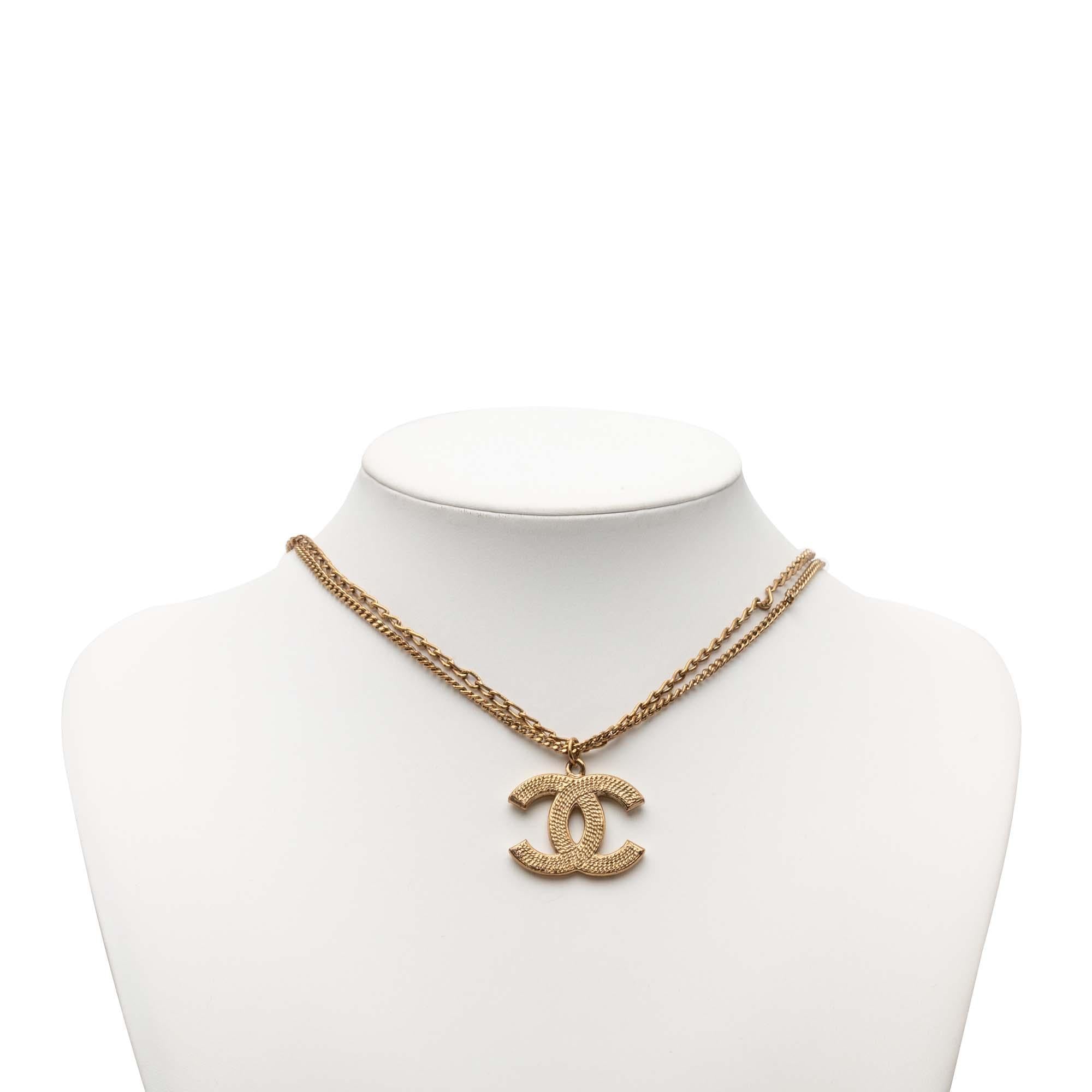 Chanel CC Gold Plated Textured Pendant Double Chain Necklace