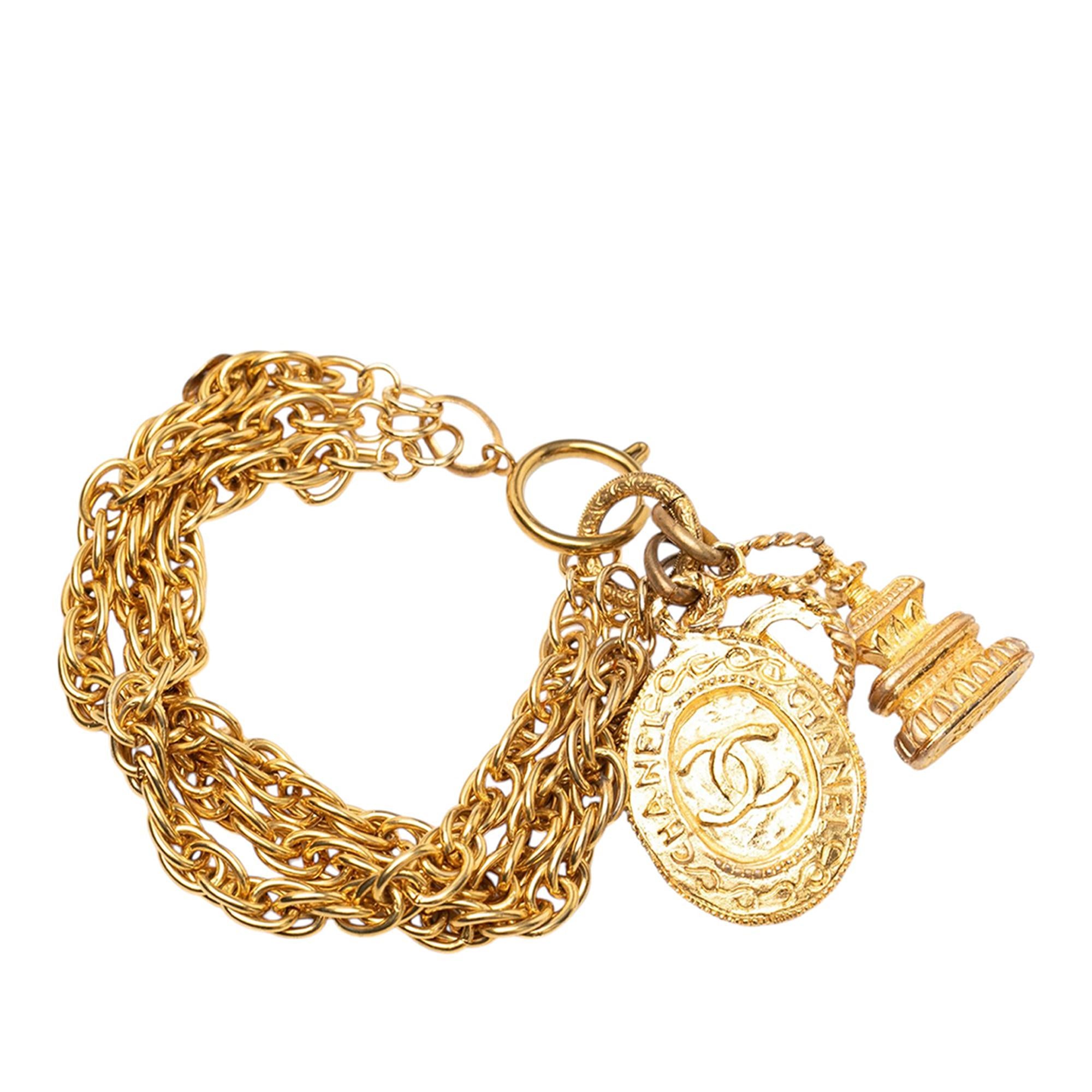 Chanel CC Gold Plated Triple Chain Logo Charm Bracelet