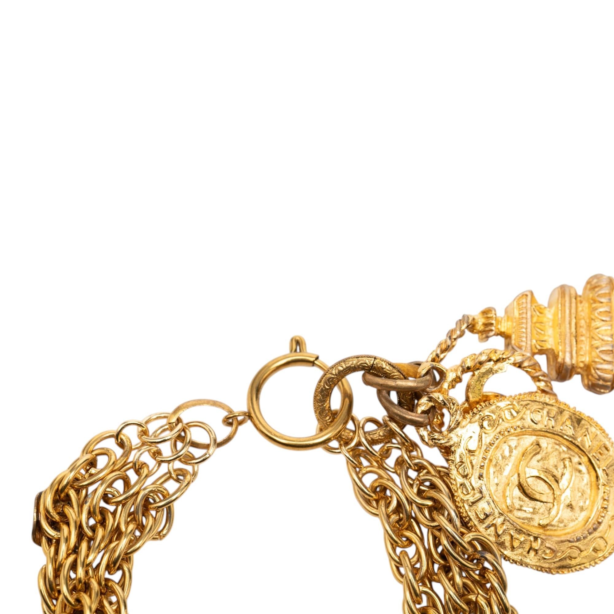 Chanel CC Gold Plated Triple Chain Logo Charm Bracelet