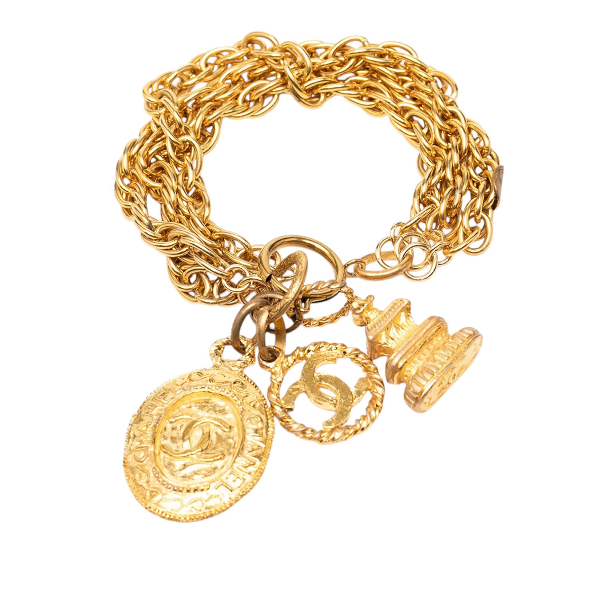 Chanel CC Gold Plated Triple Chain Logo Charm Bracelet