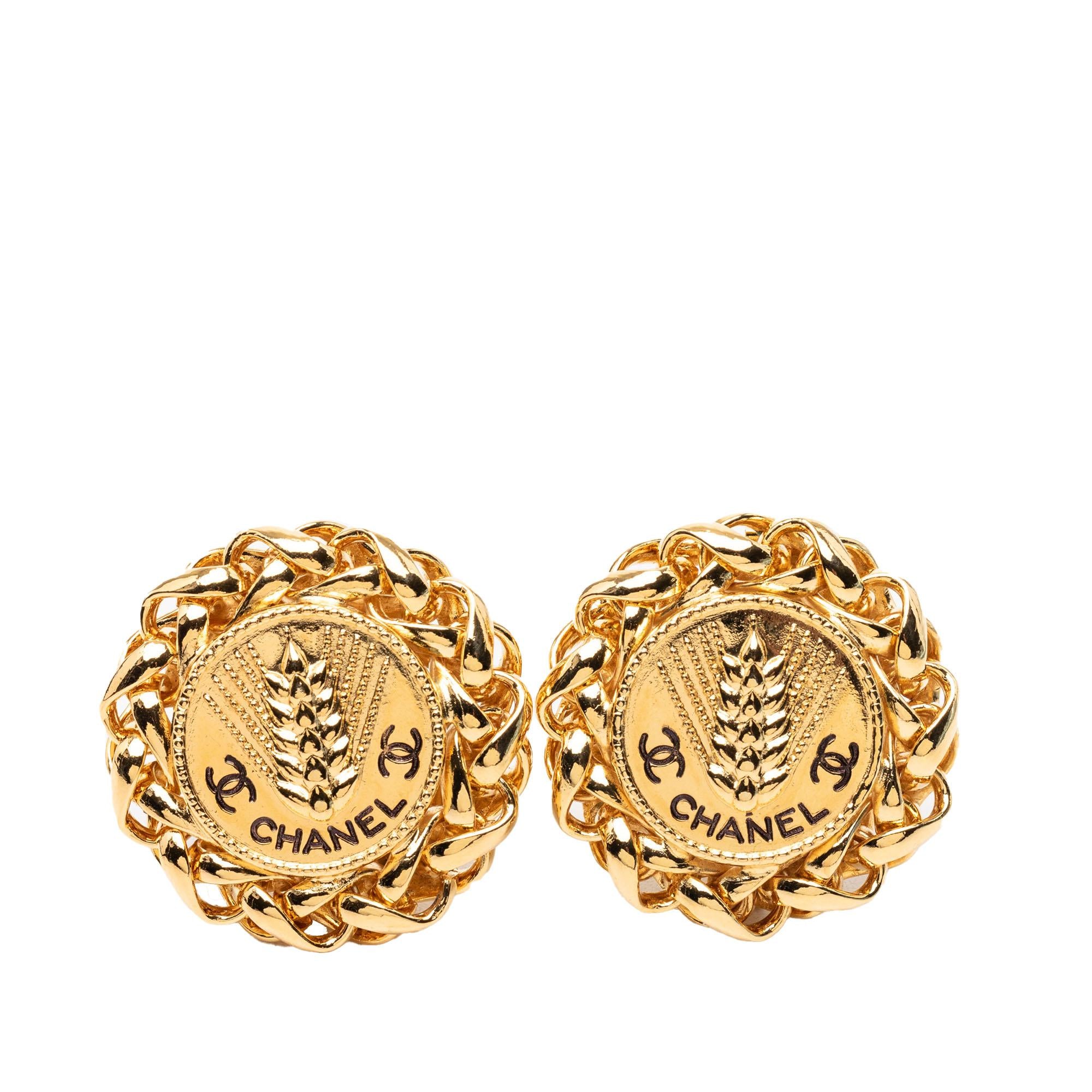 Chanel CC Gold Plated Wheat Medallion Clip On Earrings
