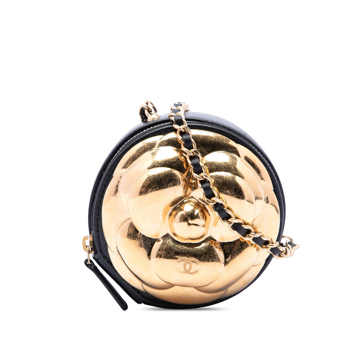 Chanel CC Lambskin and Metal Camellia Round Clutch with Chain