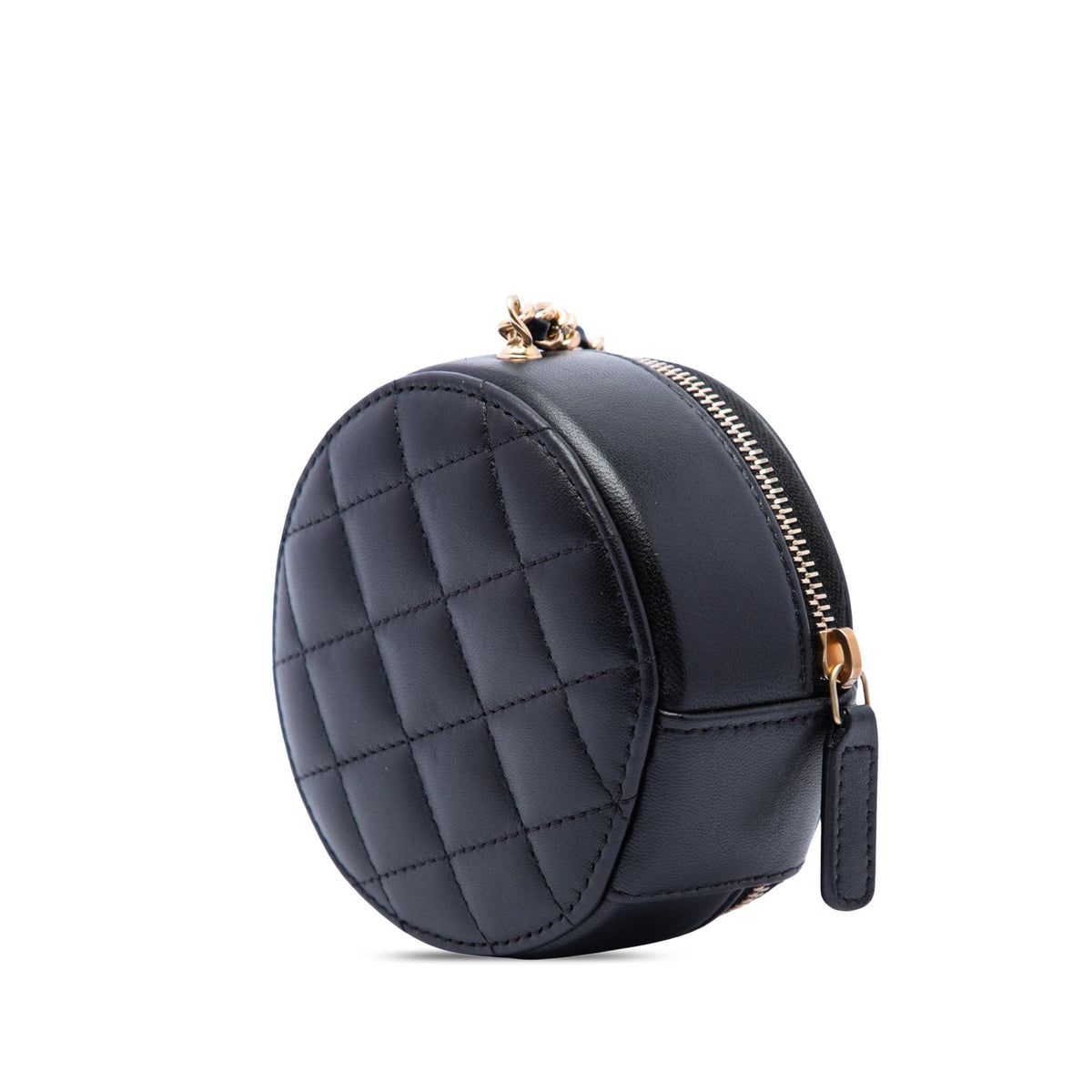 Chanel CC Lambskin and Metal Camellia Round Clutch with Chain