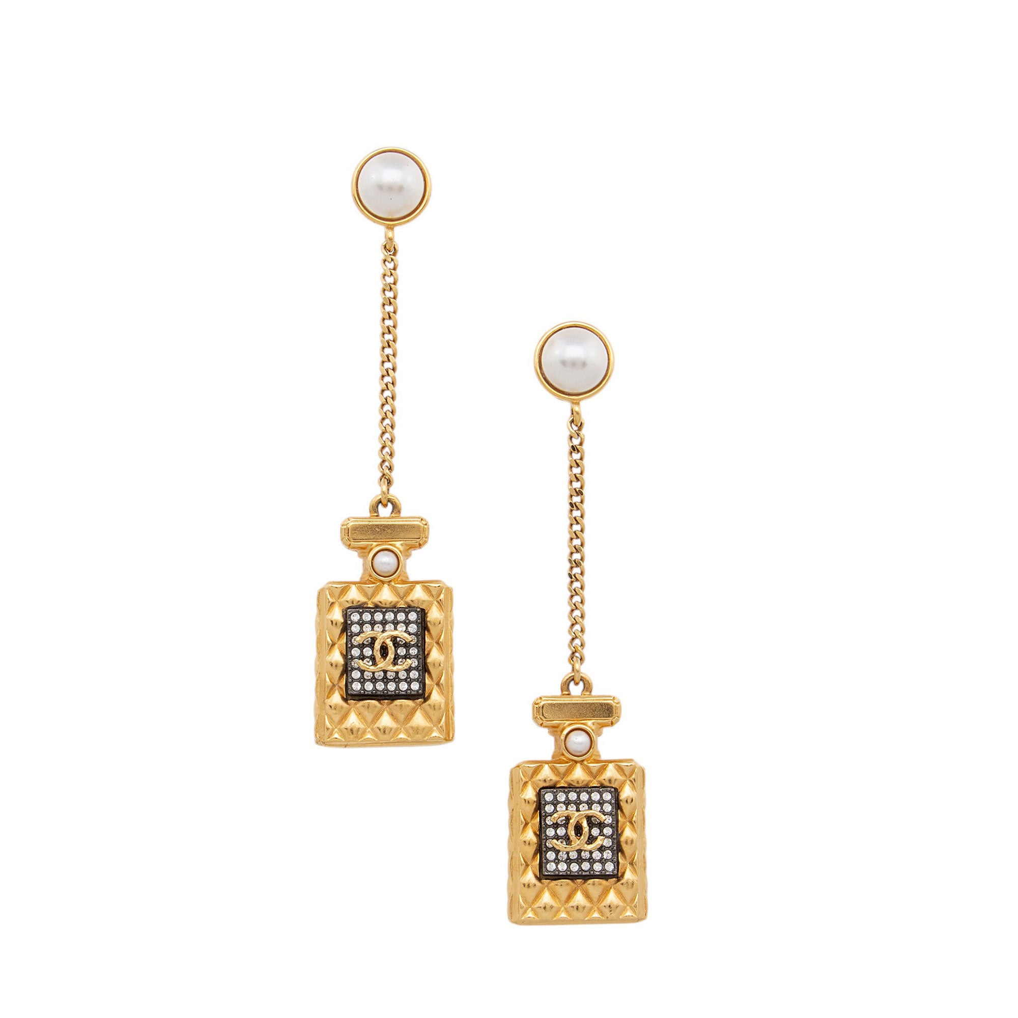 Chanel CC Pearl Perfume Bottle Chain Drop Earrings