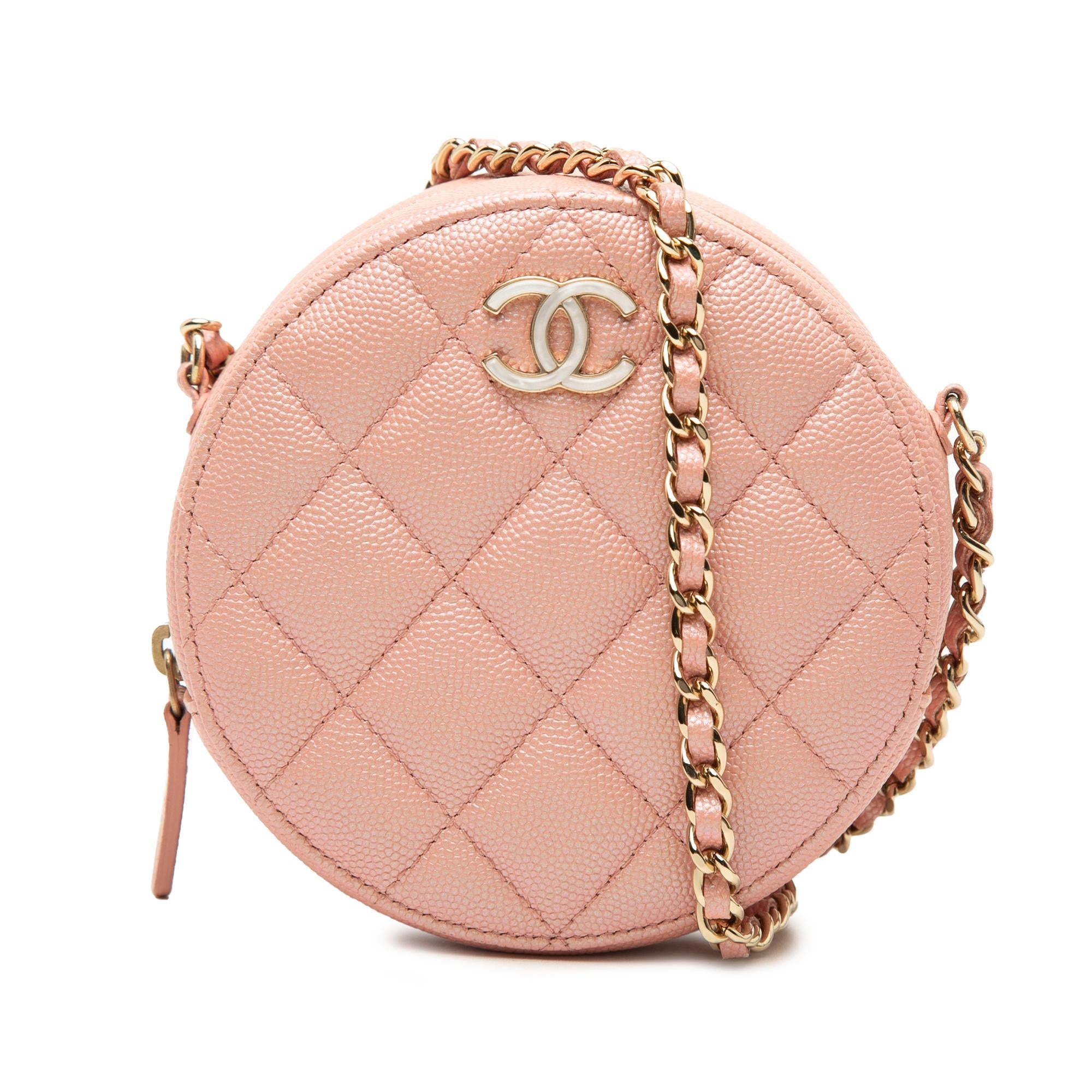 Chanel CC Quilted Iridescent Caviar Round Clutch With Chain