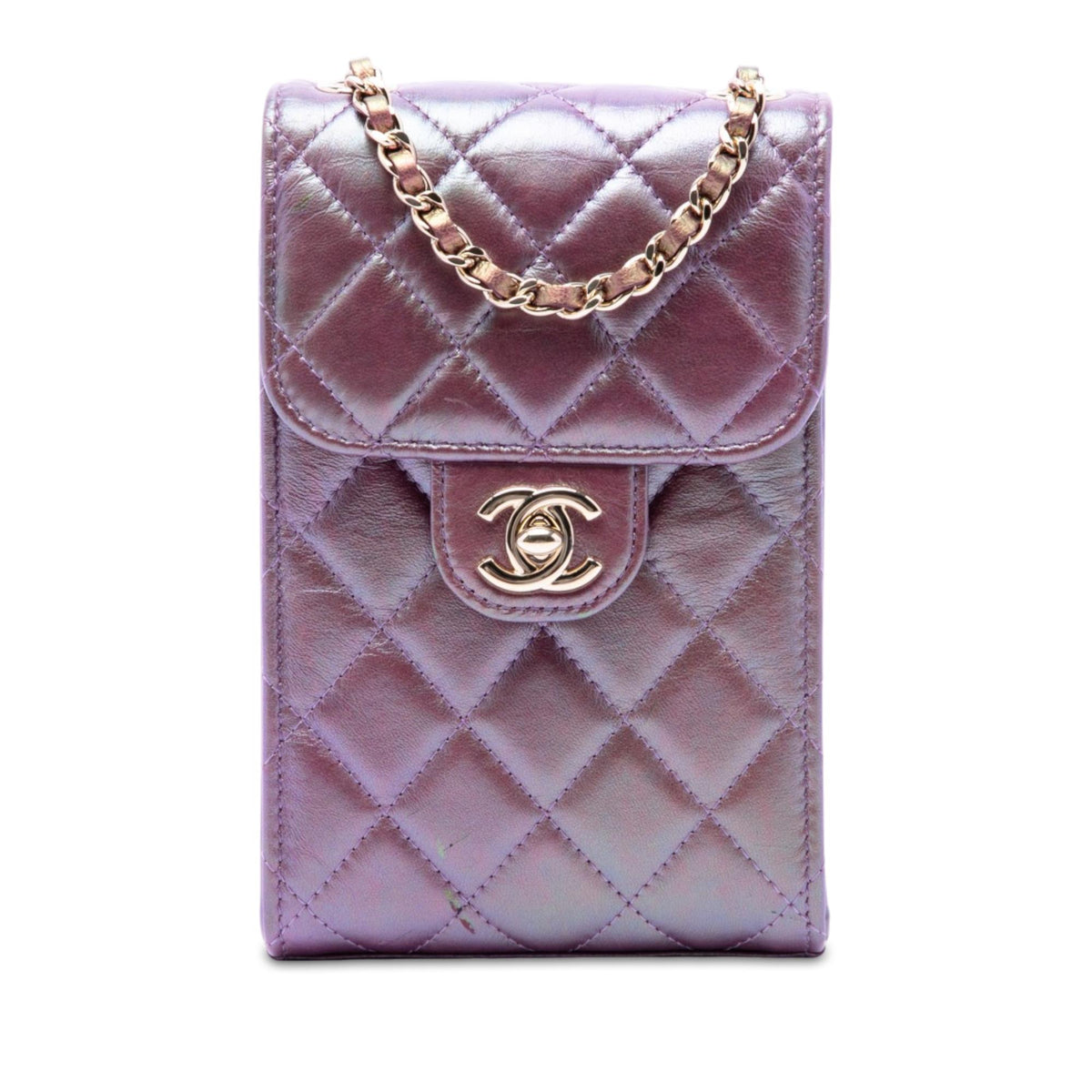 Chanel CC Quilted Iridescent Lambskin Phone Holder with Chain