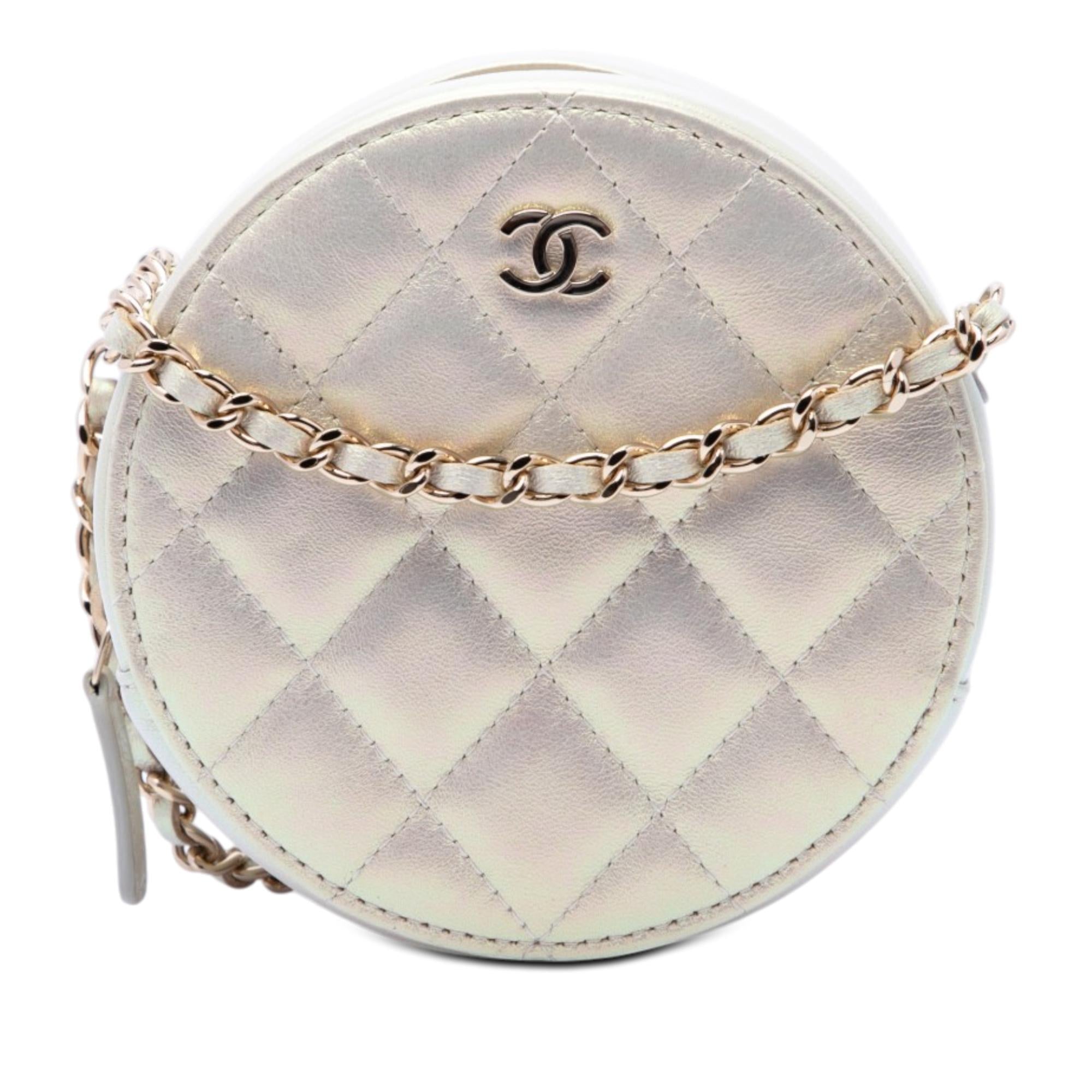 Chanel CC Quilted Iridescent Lambskin Round Clutch With Chain