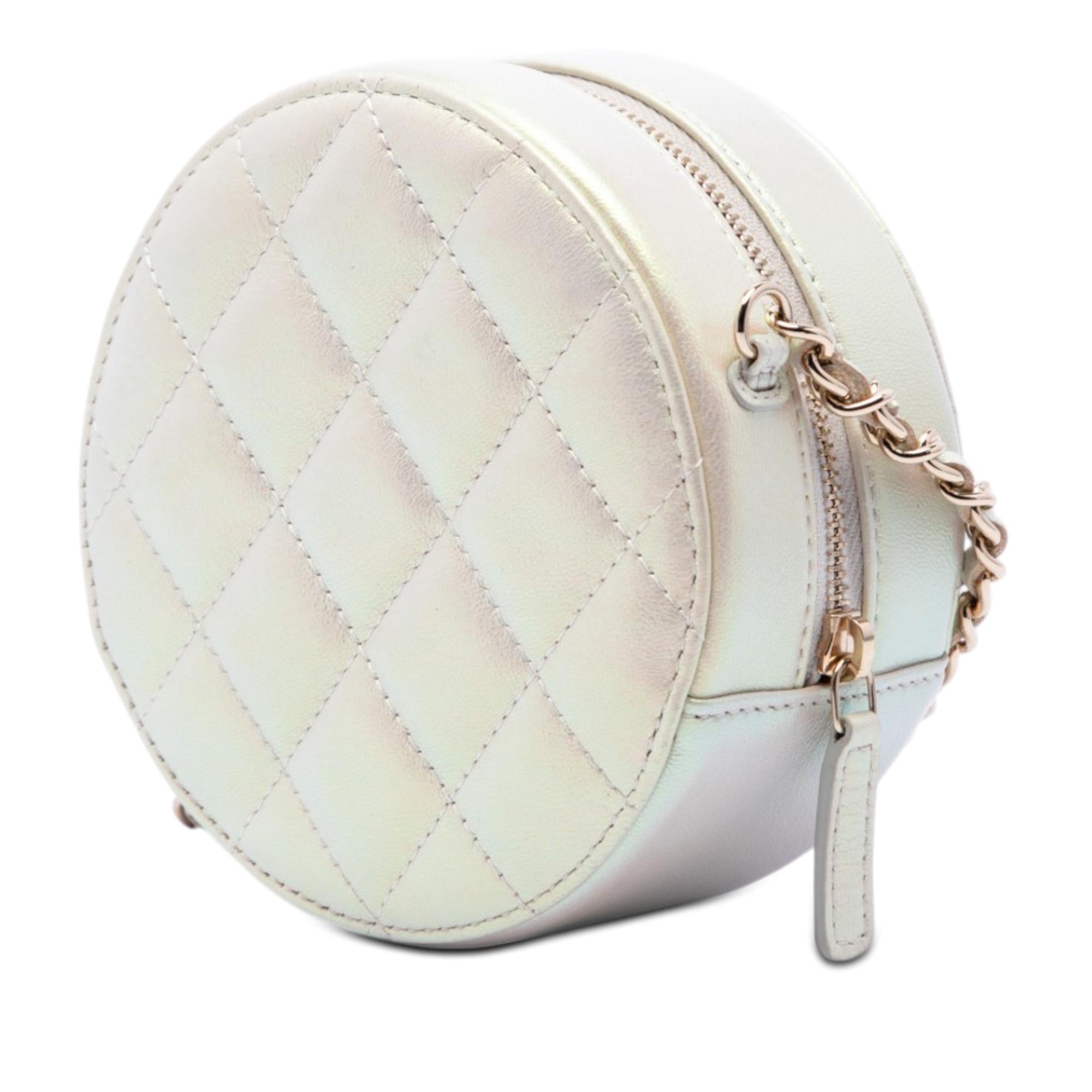 Chanel CC Quilted Iridescent Lambskin Round Clutch With Chain