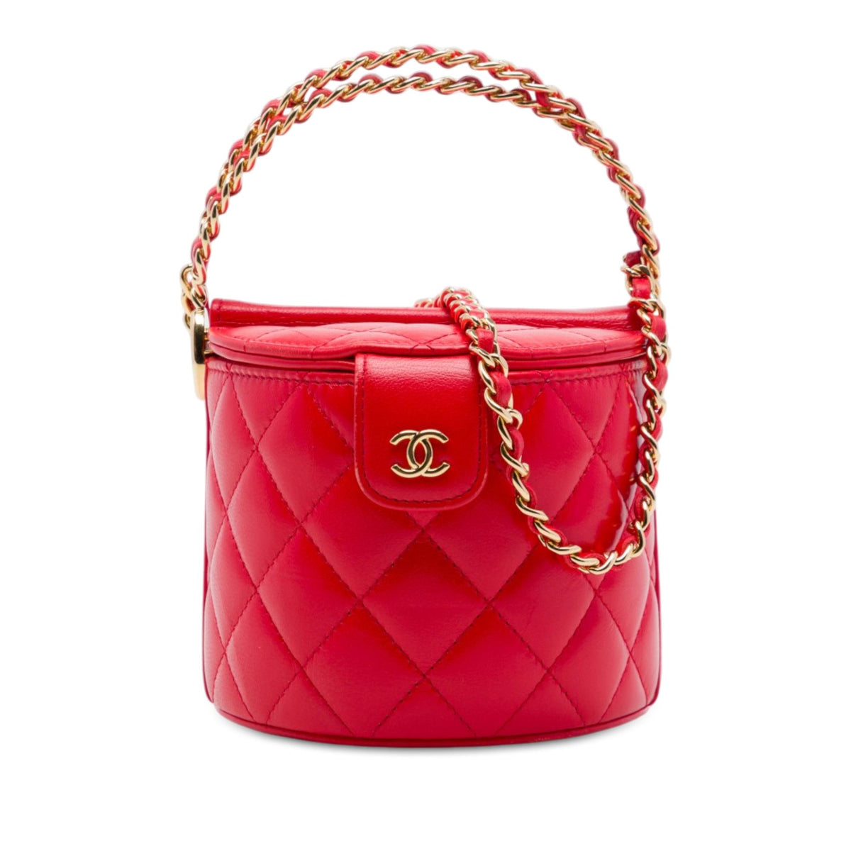 Chanel CC Quilted Lambskin Top Handle Round Vanity Case with Chain