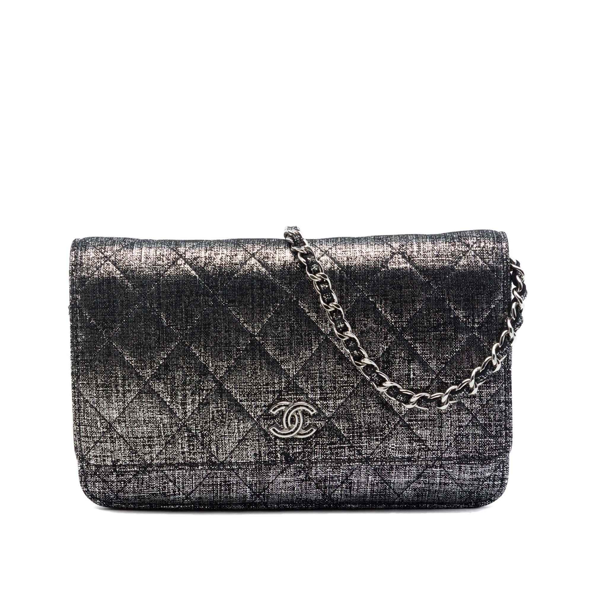 Chanel CC Quilted Metallic Fabric Wallet On Chain