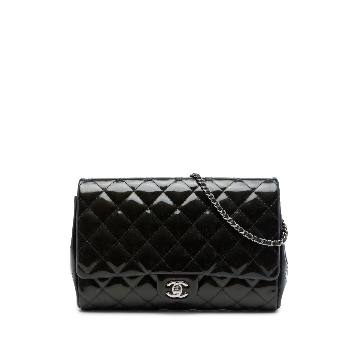 Chanel CC Quilted Patent Striated Flap Clutch with Chain