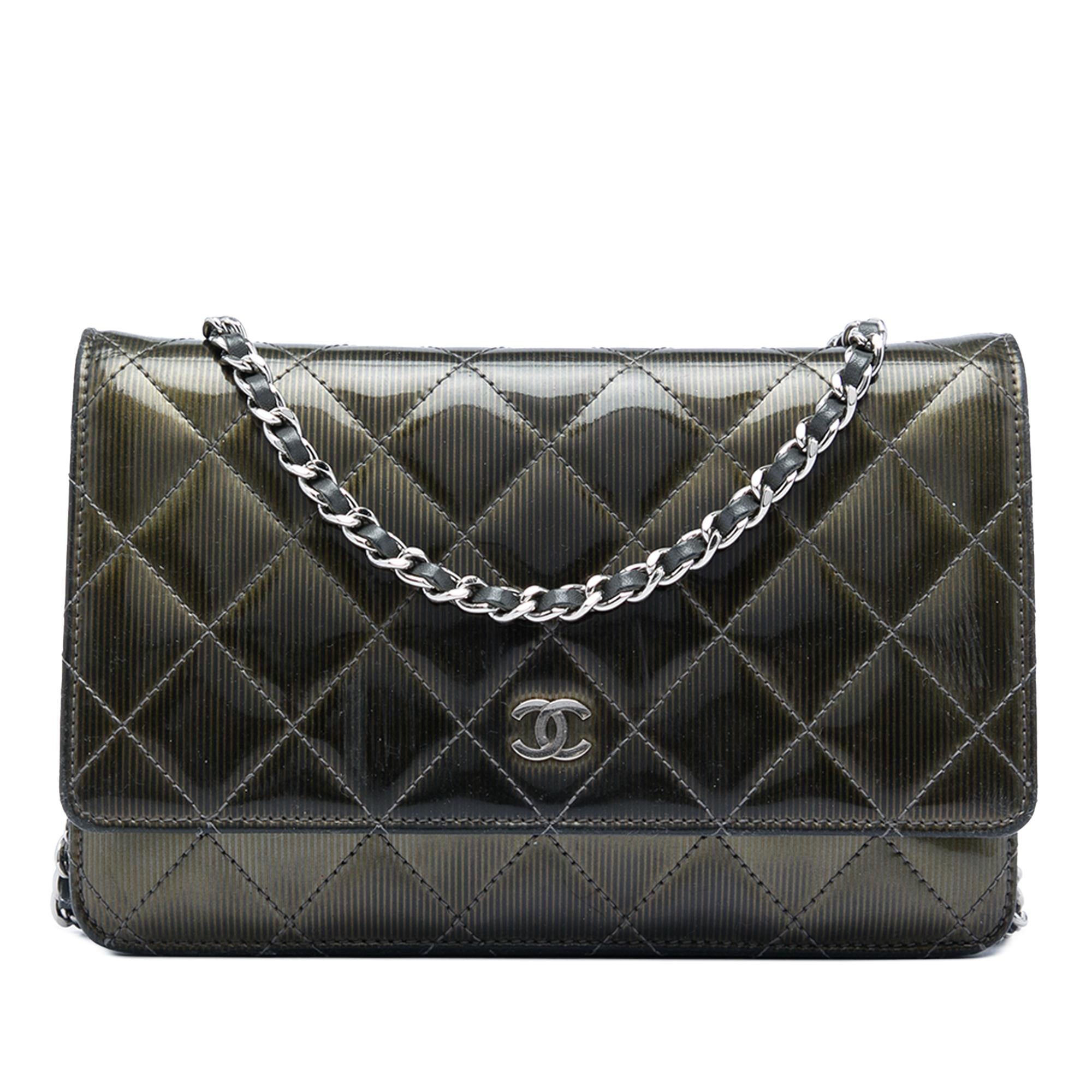 Chanel CC Quilted Striated Metallic Patent Wallet on Chain