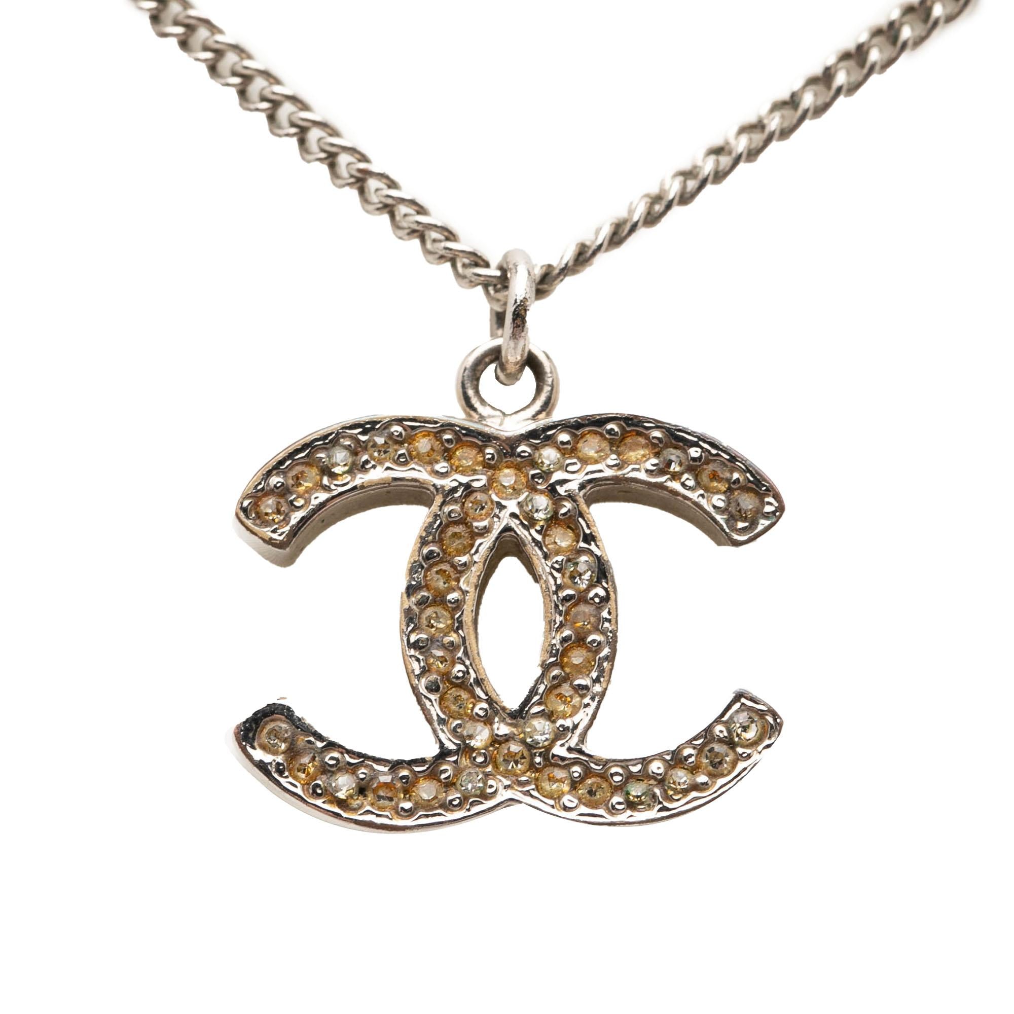 Chanel CC Silver Plated Rhinestone Pendant Necklace