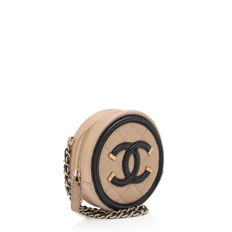 Chanel Caviar Leather CC Filigree Round Clutch with Chain (SHF-eQCfuj)