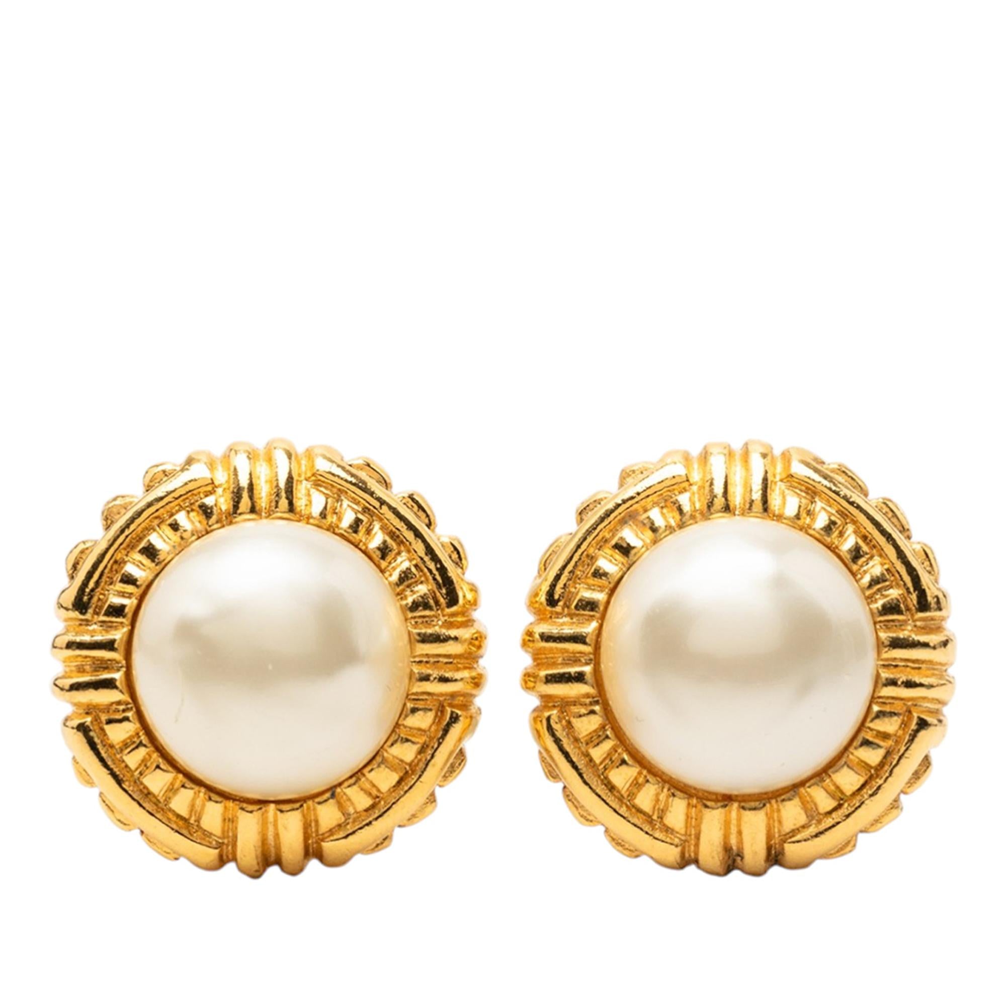 Chanel Gold Plated Faux Pearl Clip On Earrings