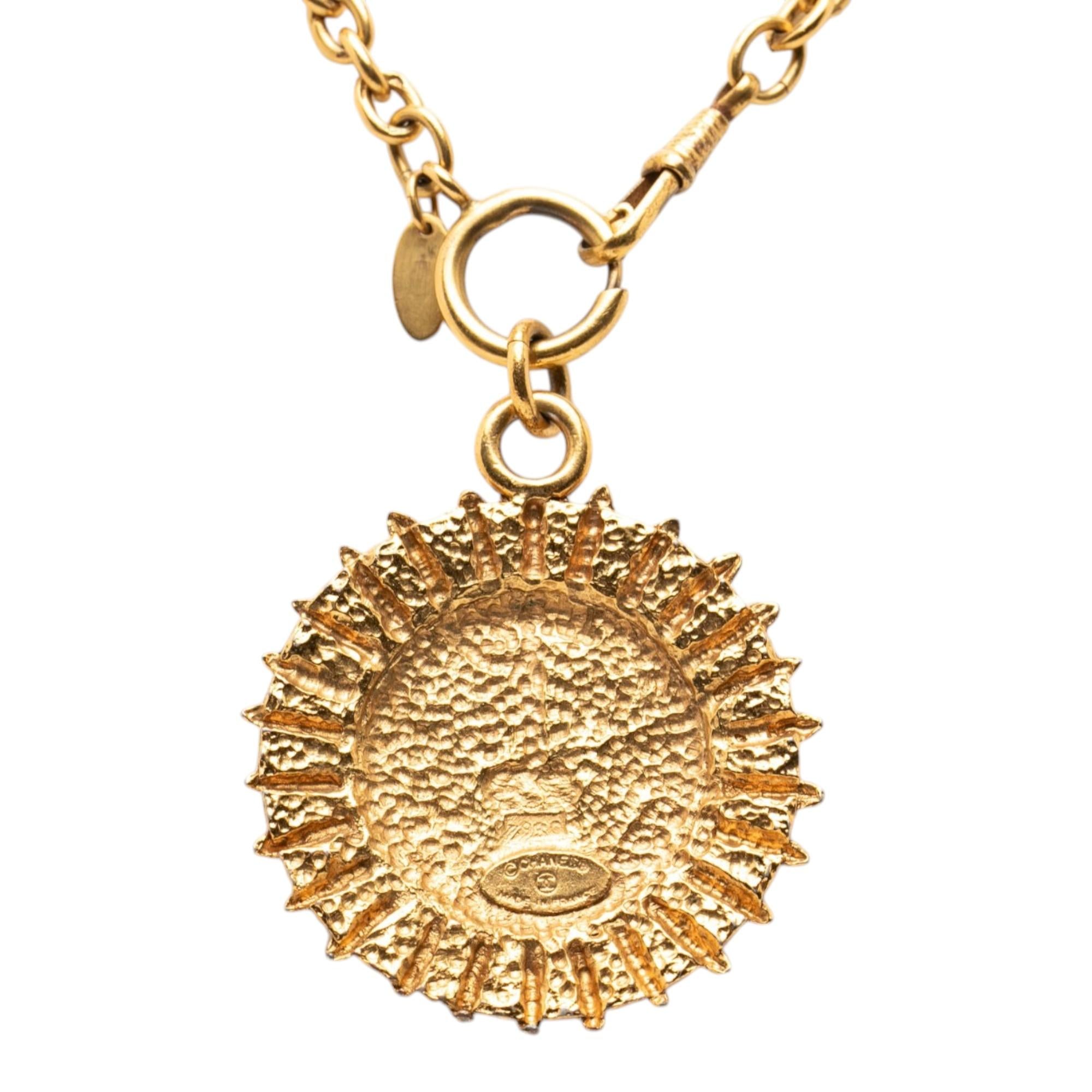Chanel Gold Plated Medallion Coat of Arms Sunburst Pendant Necklace