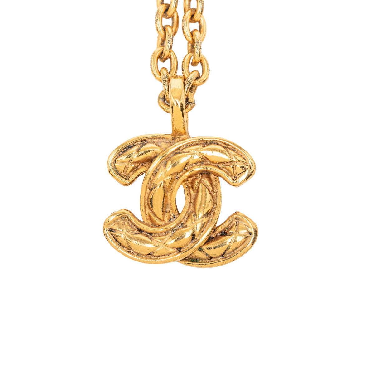 Chanel Gold Plated Quilted CC Pendant Necklace