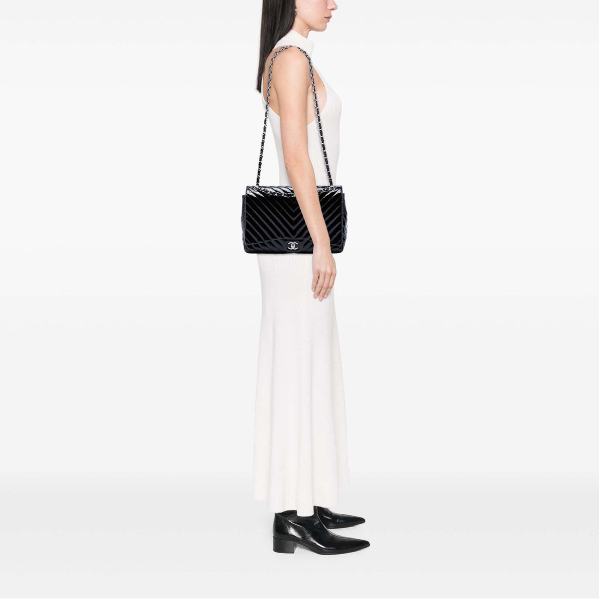 Chanel Jumbo Classic Chevron Patent Double Flap