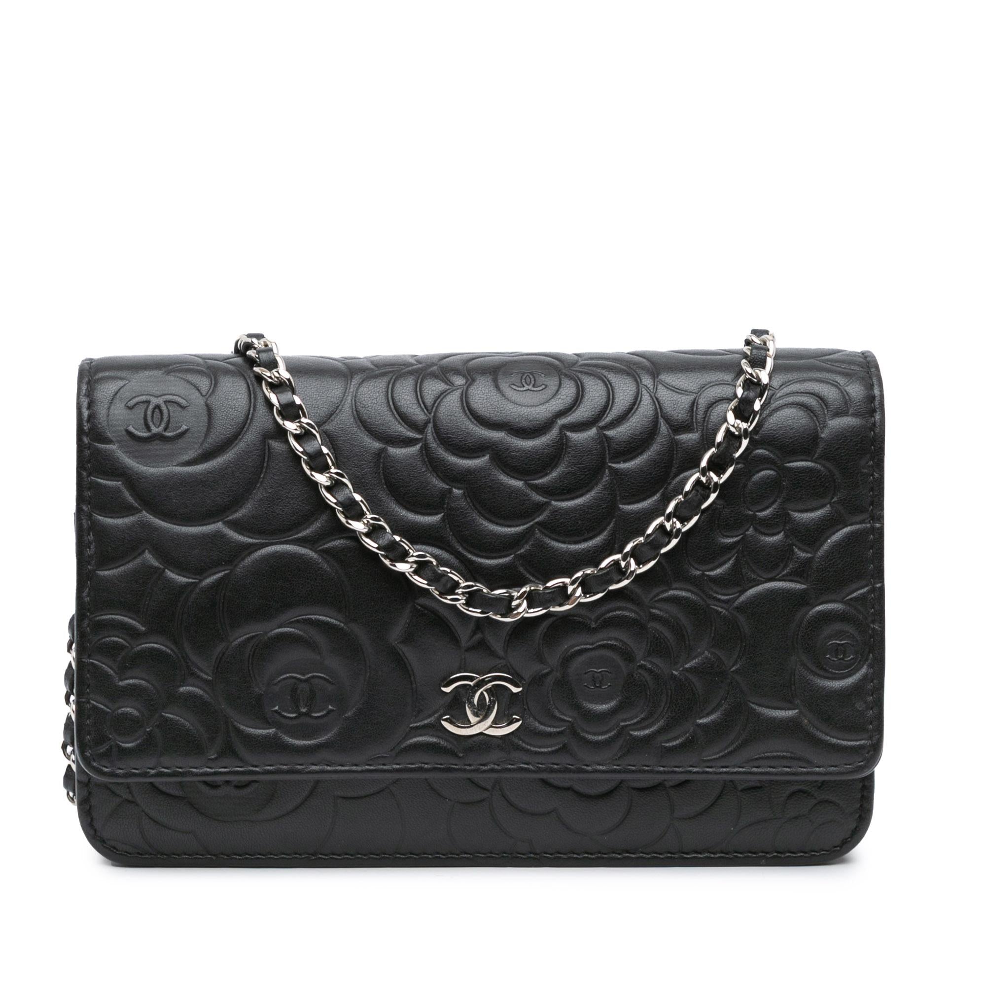 Chanel Lambskin Camellia Embossed Wallet On Chain