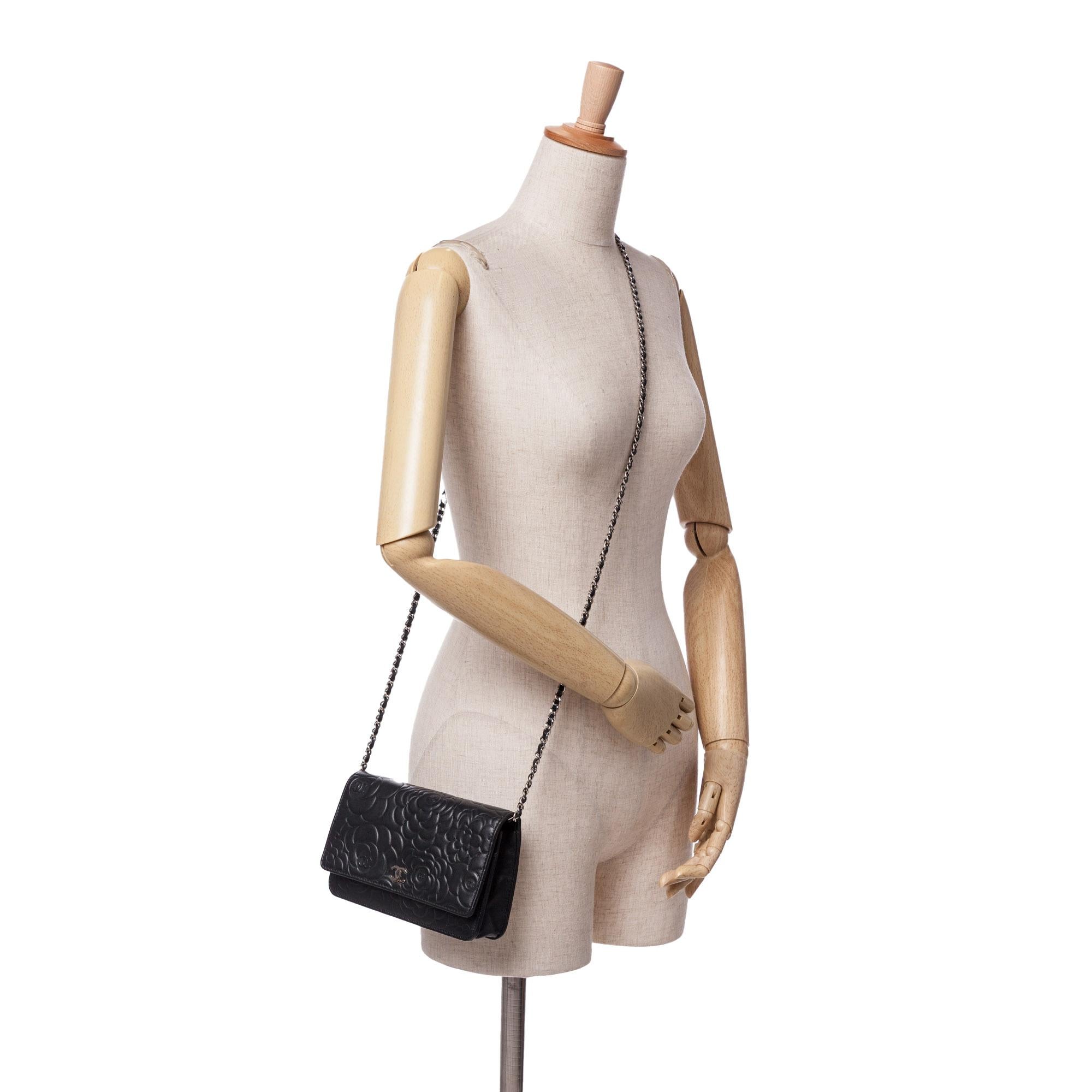 Chanel Lambskin Camellia Embossed Wallet On Chain