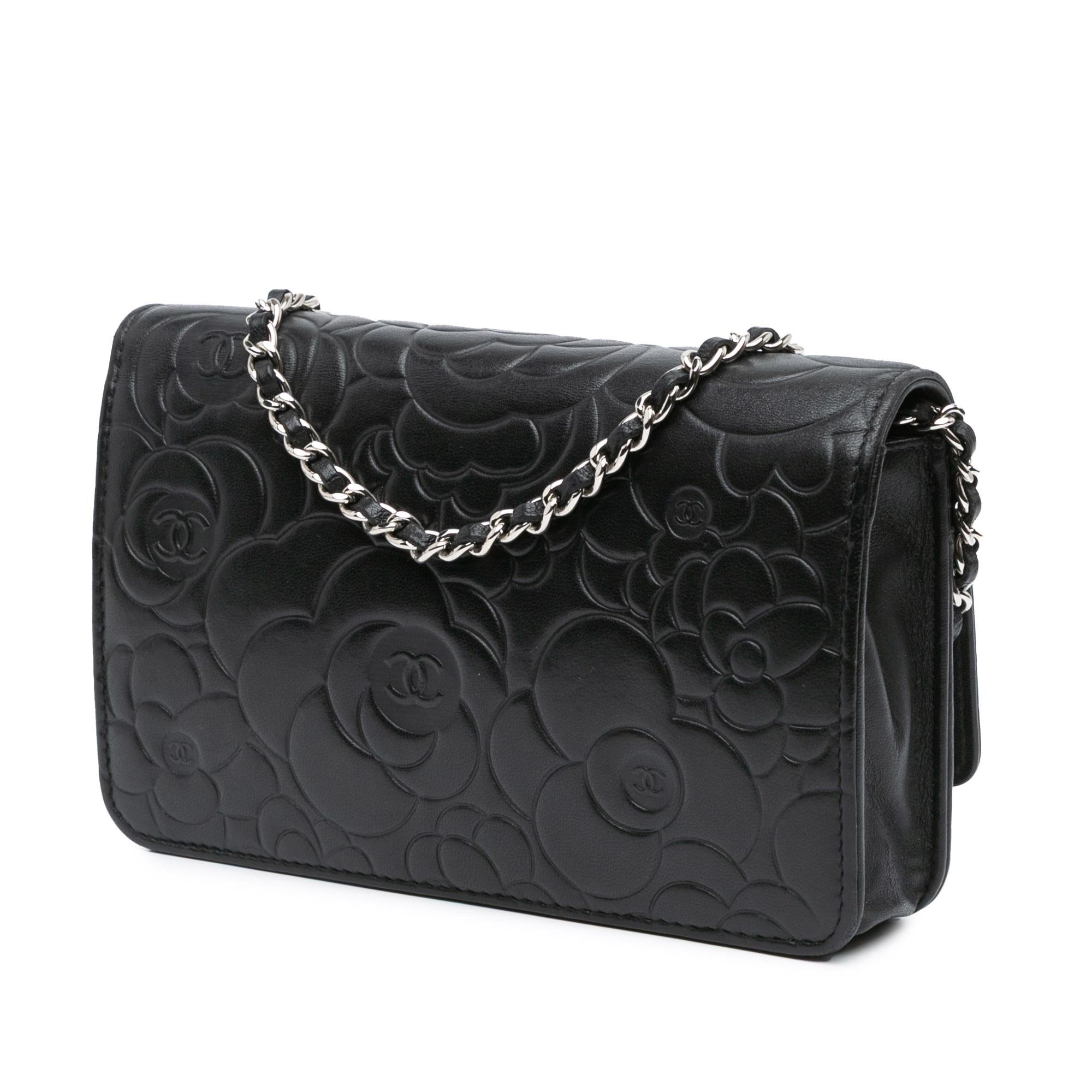 Chanel Lambskin Camellia Embossed Wallet On Chain