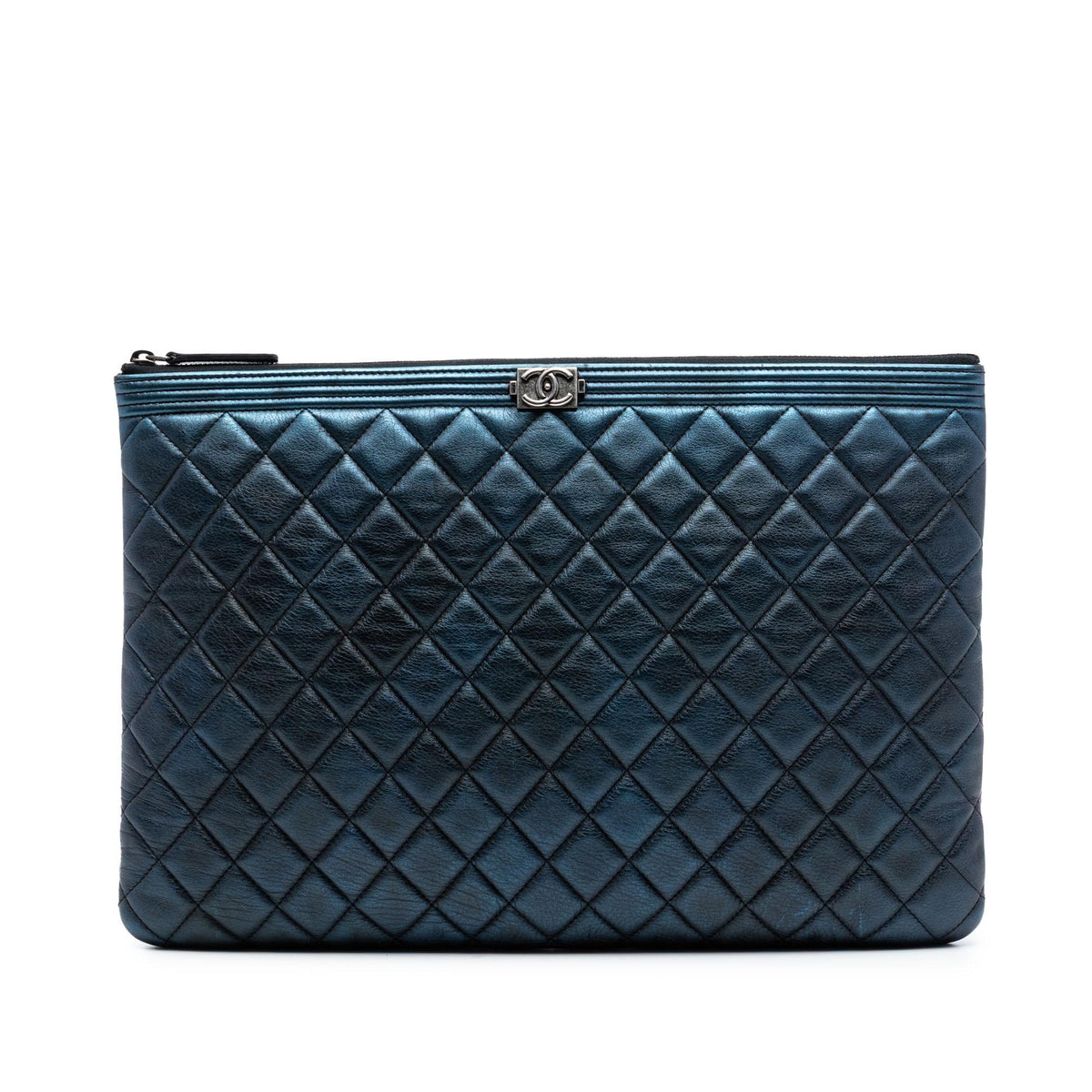 Chanel Large Quilted Metallic Lambskin Boy O Case Clutch