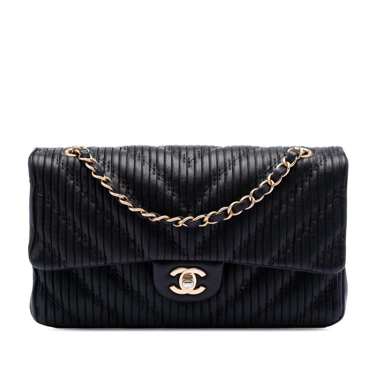 Chanel Medium Classic Chevron Calfskin Pleated Double Flap