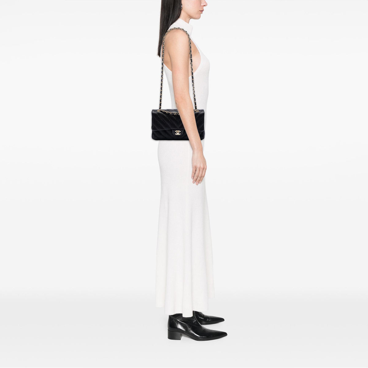 Chanel Medium Classic Chevron Calfskin Pleated Double Flap