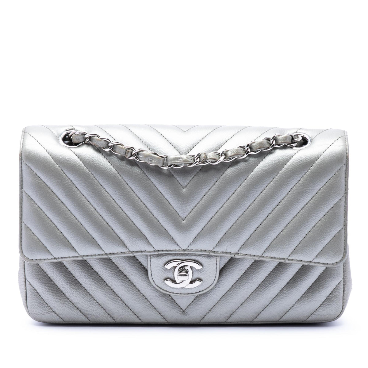 Chanel Medium Classic Chevron Metallic Caviar Double Flap