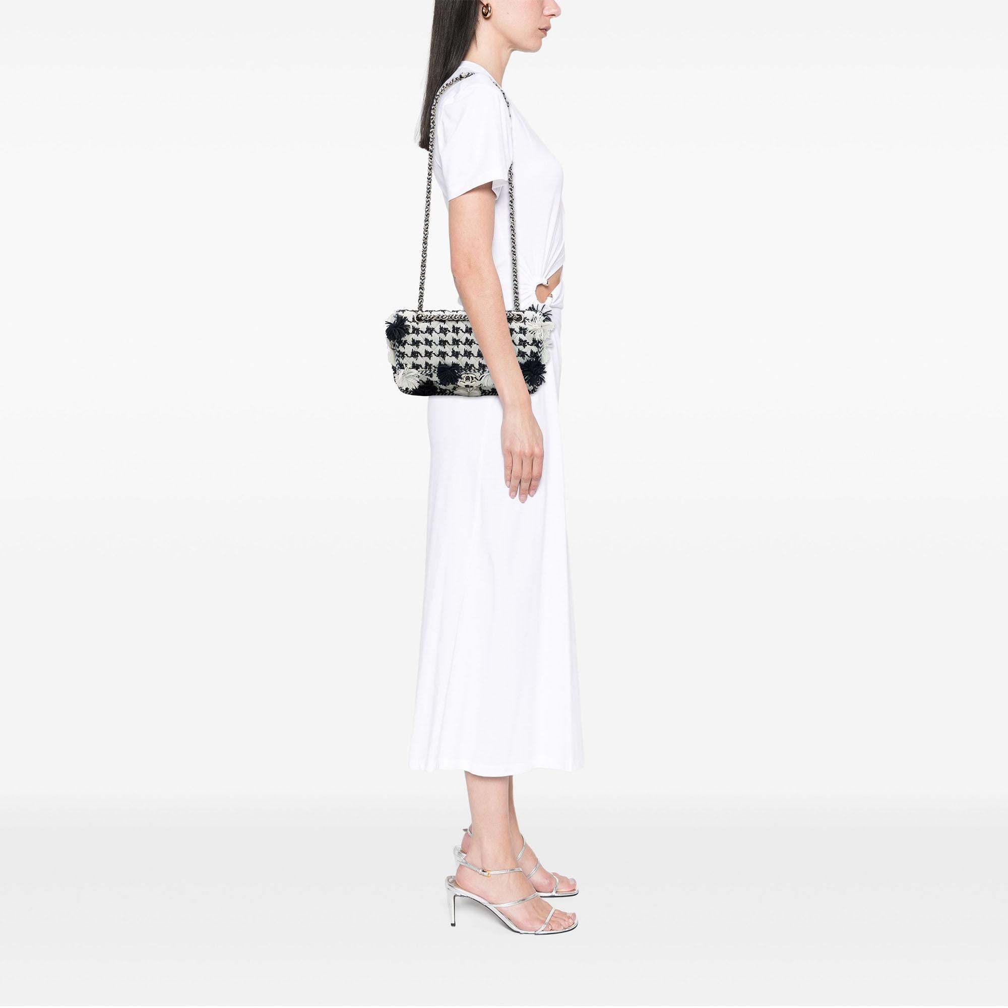 Chanel Medium Classic Embroidered Canvas Houndstooth Pom Pom Flap