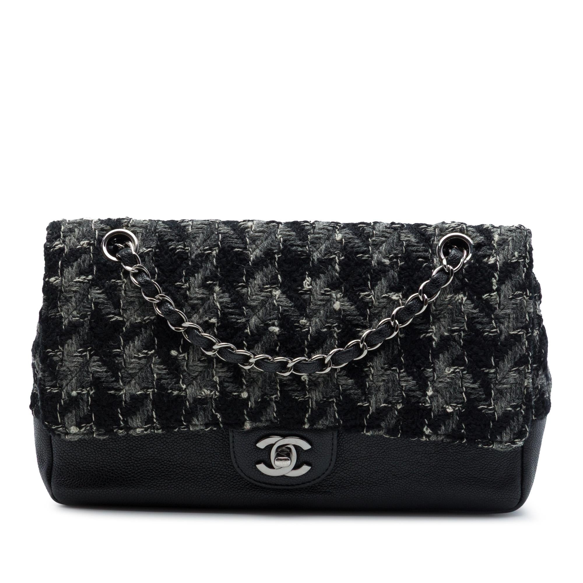 Chanel Medium Classic Tweed and Caviar Double Flap