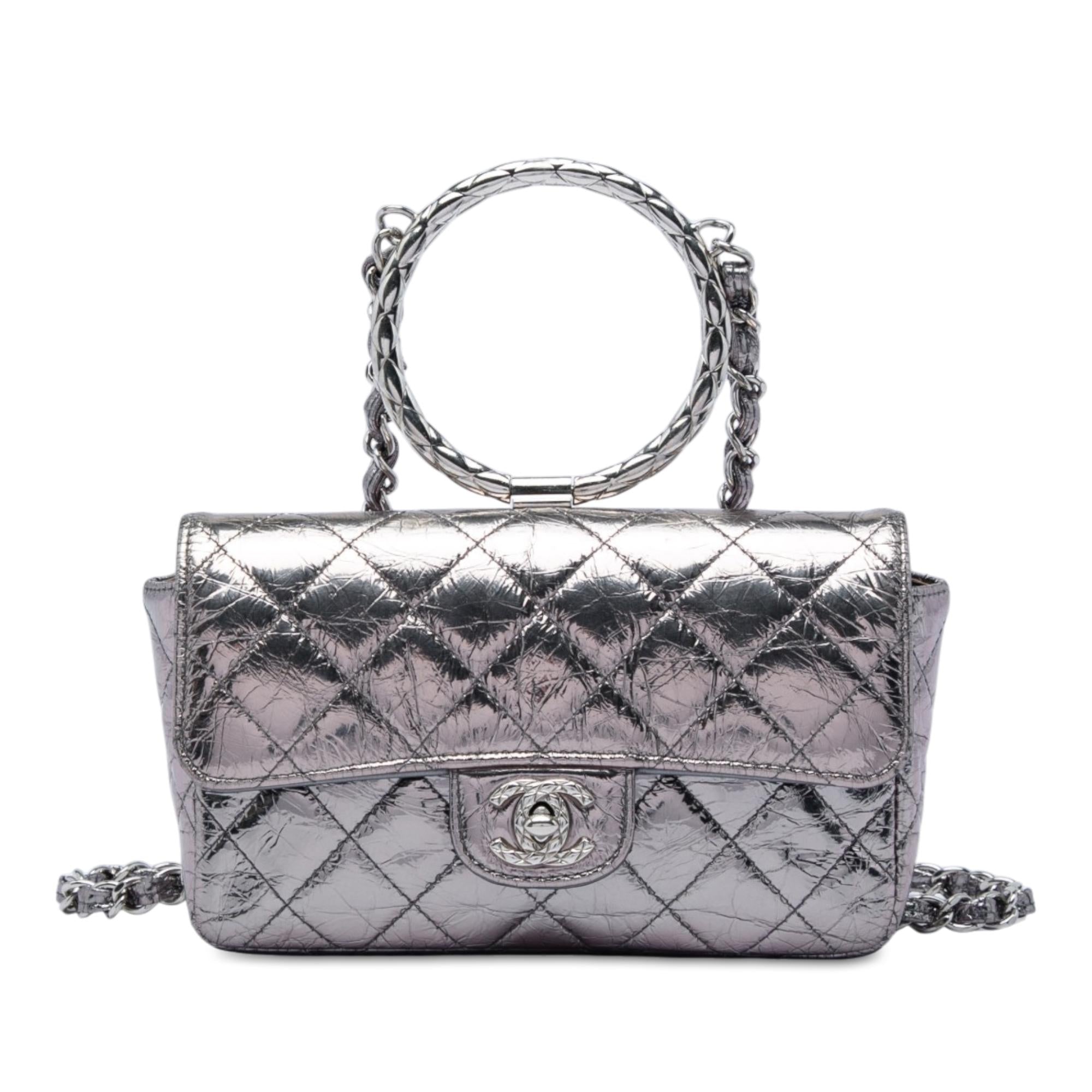 Chanel Mini Quilted Metallic Crumpled Calfskin Ring Top Handle Flap